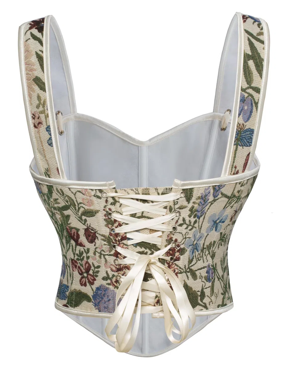 SCARLET DARKNESS Corsé renacentista cuadrado con cuello en V para mujer, corpiño estampado floral