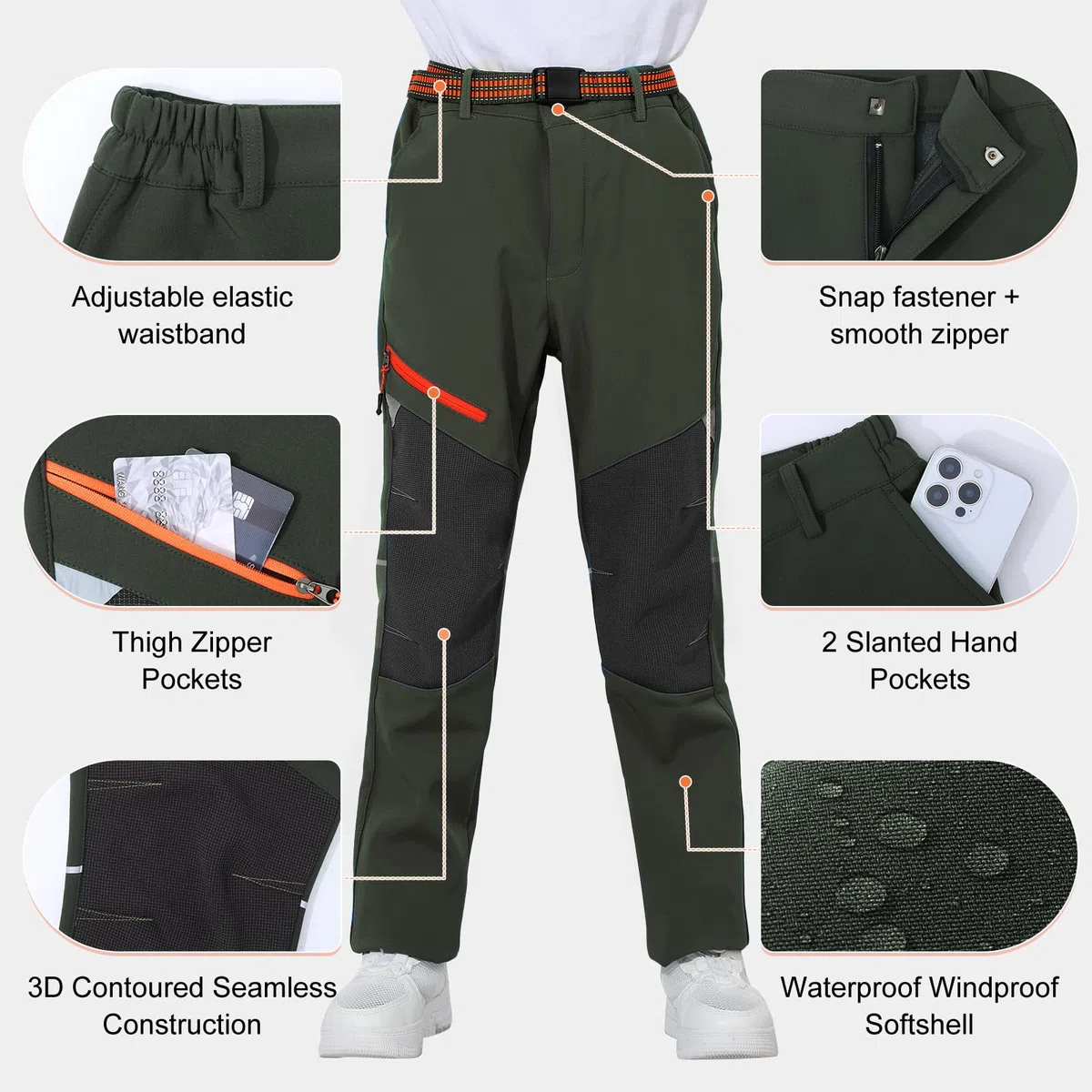 BWBIKE Pantalones de Invierno Cálidos a Prueba de Viento Forrados de Vellón, Pantalones Aislantes de Esquí de Caparazón Suave Repelentes al Agua con Cintura Expandible para Exteriores
