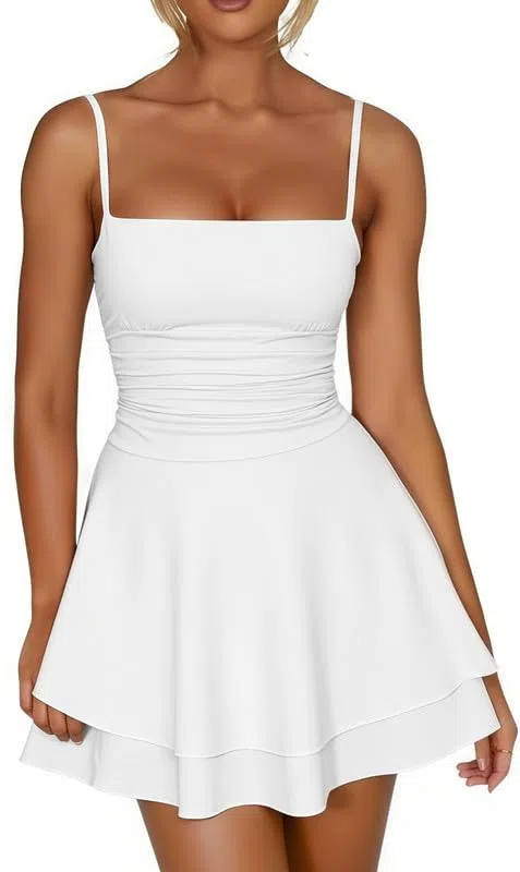 Vestido Mujer Sexy sin Manga Cuello Cuadrado Mini Vestidos de Tirantes Delgados Elegantes Dobles Capas Dobladillo con Volantes Vestido Corto Verano Ajustado Veranos de Fiesta Coctel Playa