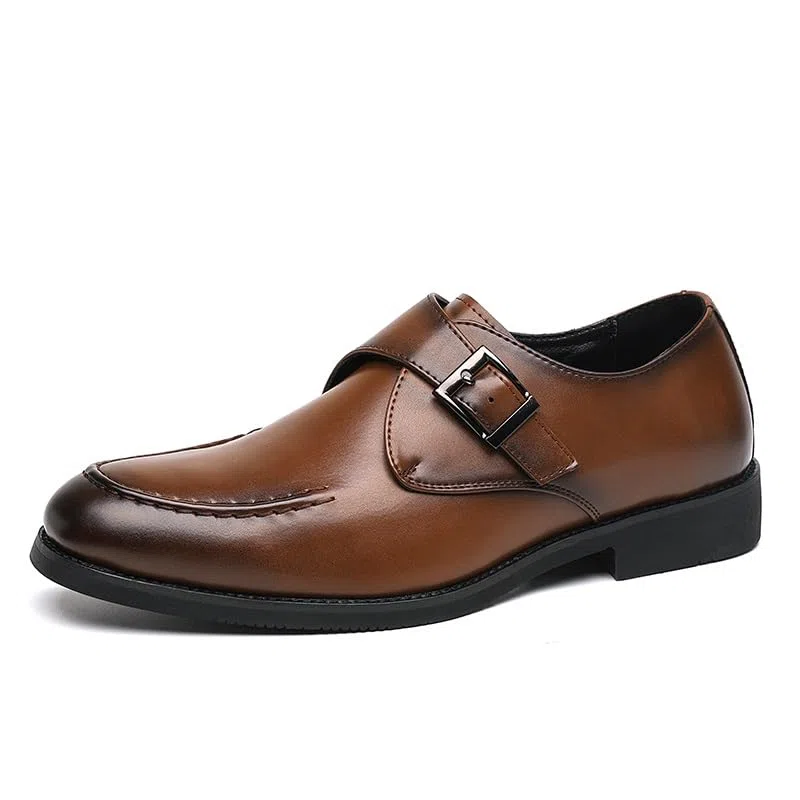 Zapatos de vestir para hombre, punta redonda bruñida, piel sintética, correa de monje, puntera baja, suela de goma antideslizante, tacón de bloque, trabajo antideslizante
