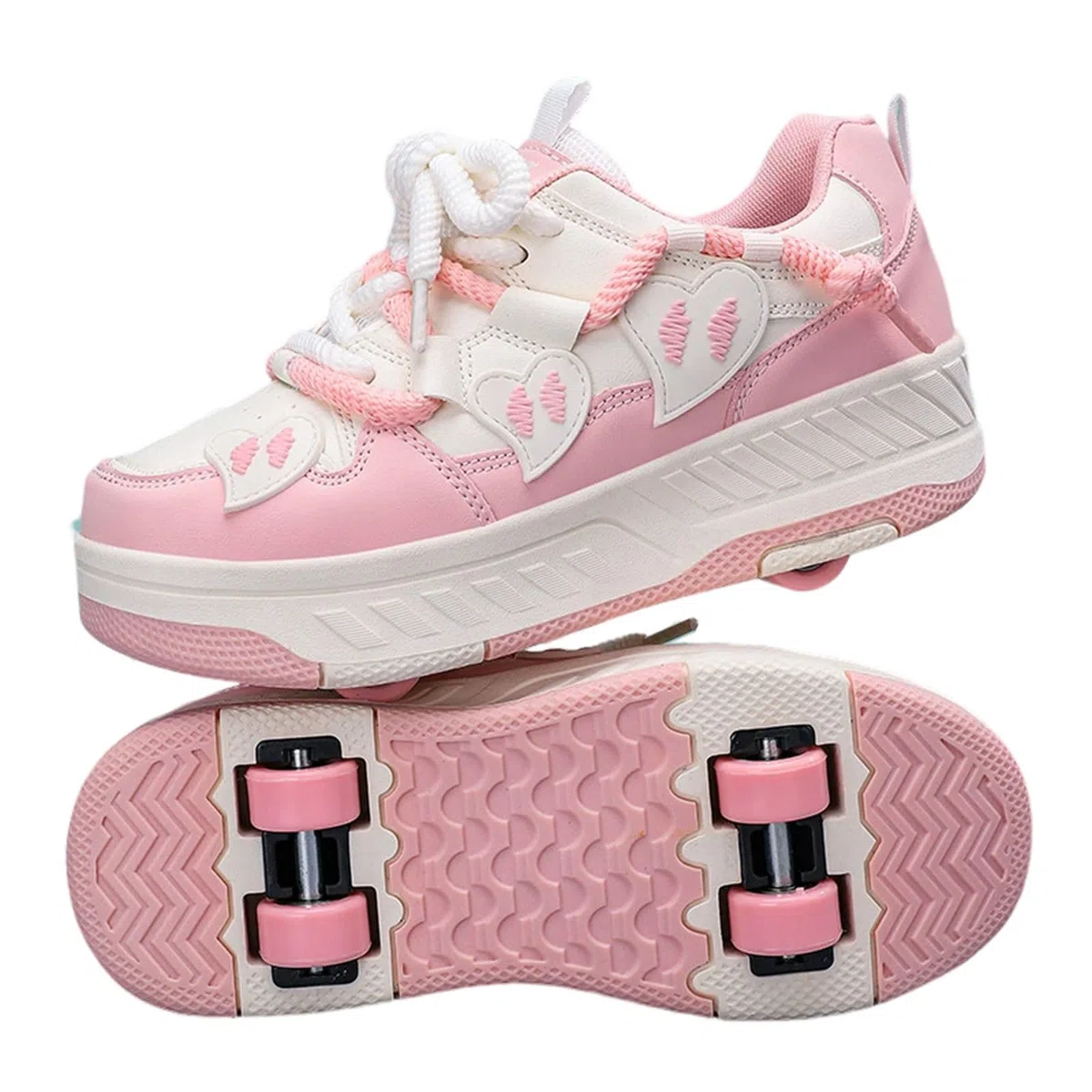 Surwin Zapatillas con Ruedas Niña, Estilo Amor Corazón Zapatos de Niños con Ruedas 2 en 1 Zapatillas de Skateboard Diseño Cordones Zapatos de Skate Roller Skate Shoes Sneakers Moda
