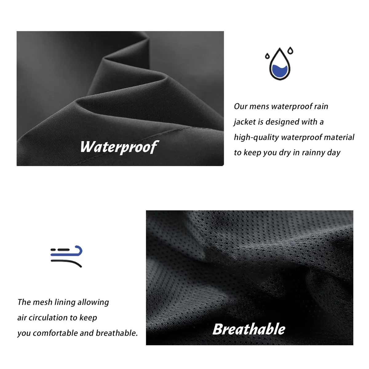 Impermeable para Hombre al Aire Libre Forro de Malla Transpirable Abrigo de Senderismo Traje de lluvia a Prueba de Viento con Capucha Desmontable y Bolsillo con Cremallera