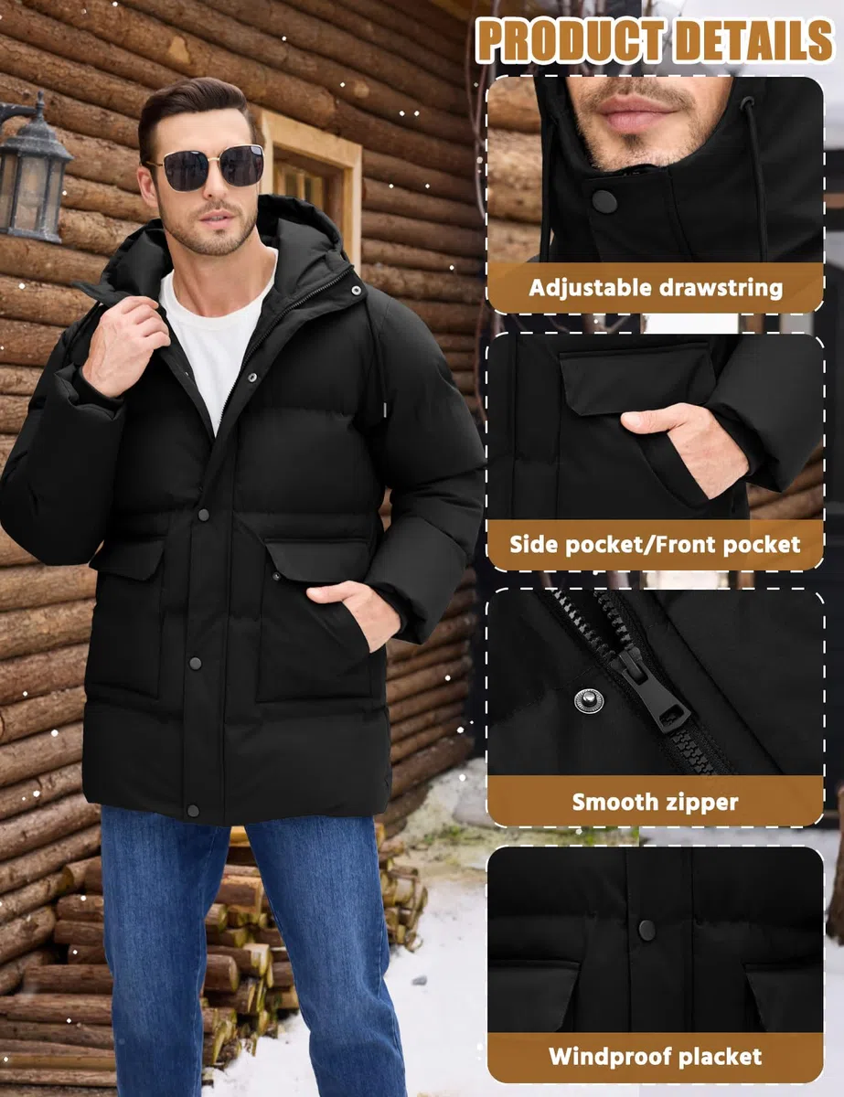 Xnova Abrigo Largo de Invierno para Hombre, Chaqueta Acolchada con Capucha Térmica Resistente Cálido Casual Parka Cazadora Prueba de Viento con Bolsillos