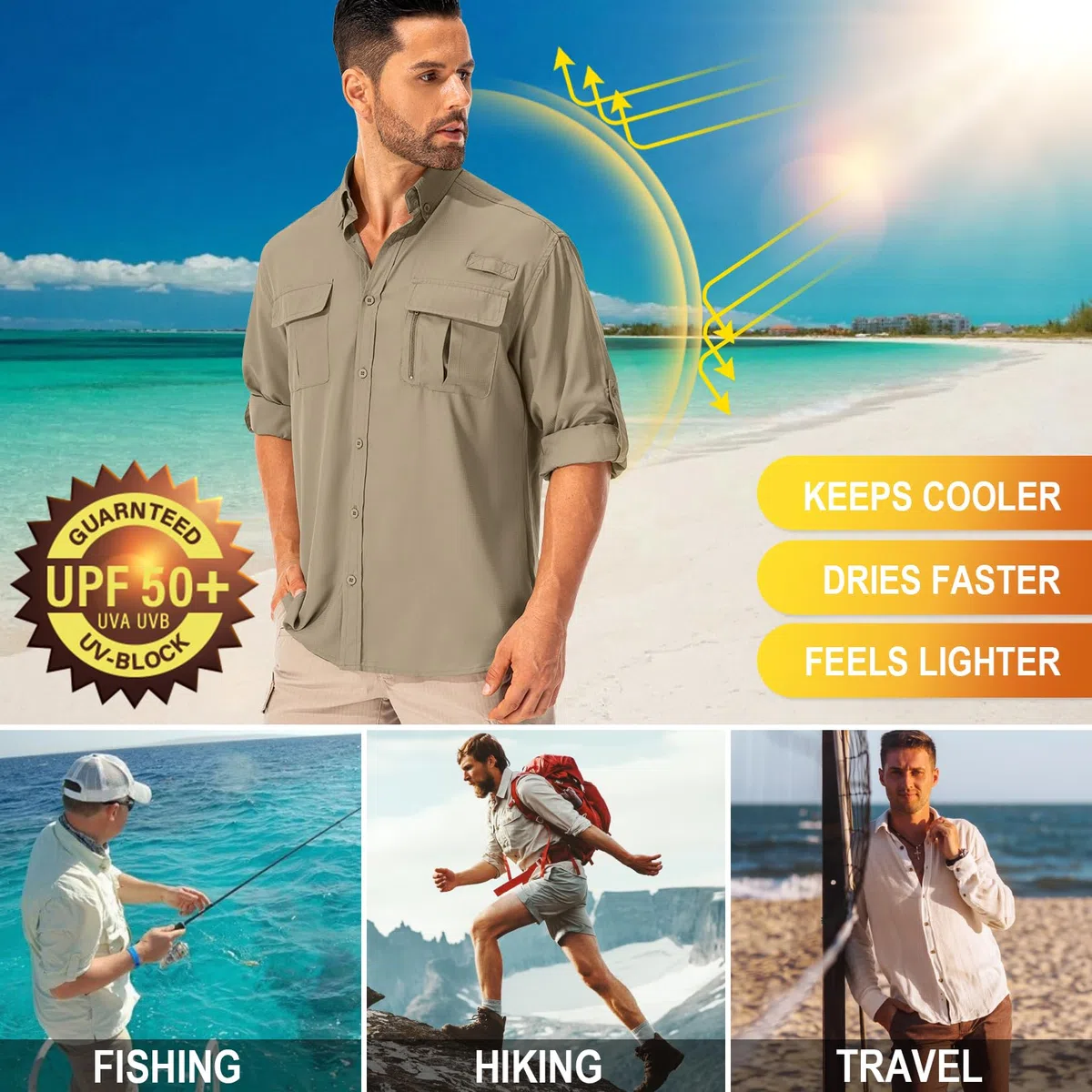 Camisa para hombre UPF50+ UV, manga larga, transpirable, de secado rápido, para pesca, senderismo, tiempo libre