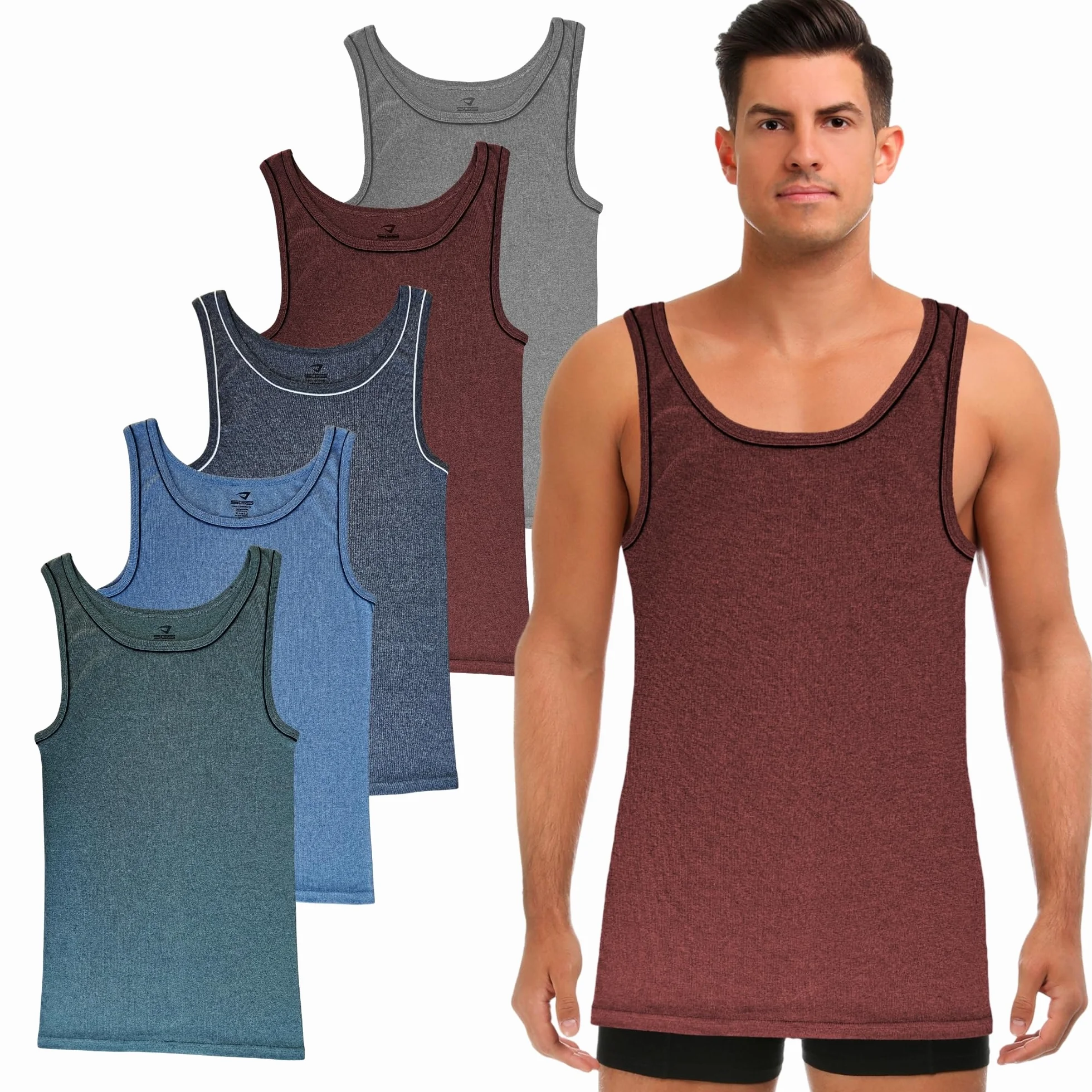 SGS Pack de 5 Elegantes Camisetas de Tirantes y Chalecos para Hombre Extra Largo +12 cm - Camiseta Tirantes Hombre, Camiseta Sin Mangas para Hombres