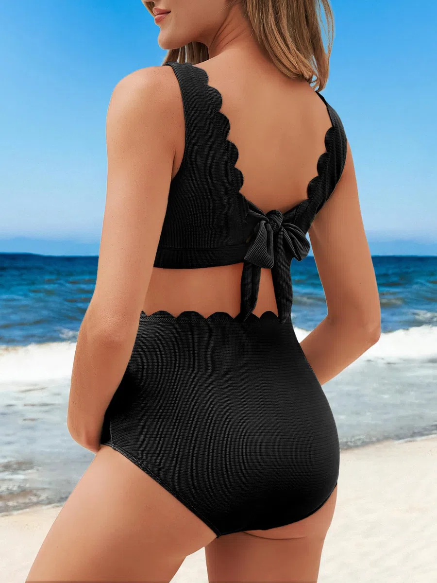 Summer Mae Traje de baño festoneado de maternidad para mujer, traje de baño de cintura alta, bikini de dos piezas con nudo de corbata