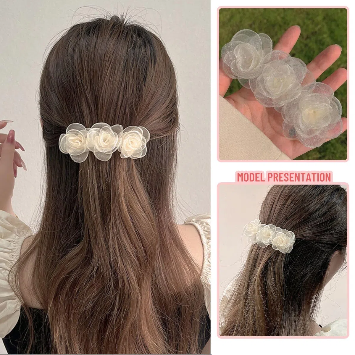 1 horquilla de camelia, 5 horquillas pequeñas, horquillas hechas a mano para niñas, tiara blanca, flores para el pelo