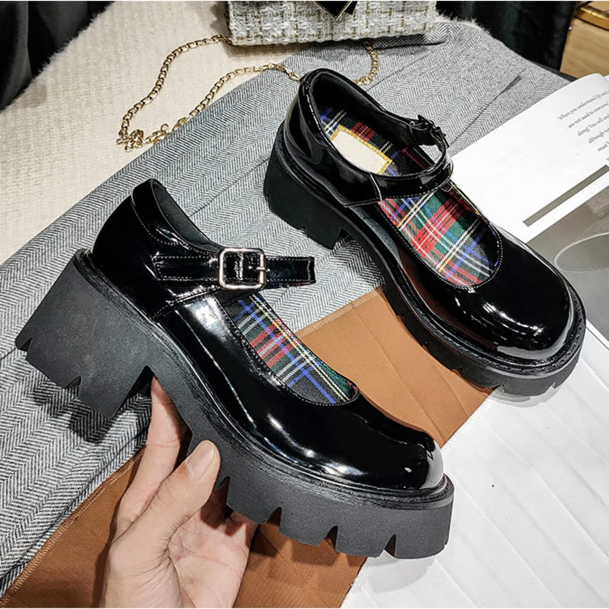 Plataforma Gruesa de Mujer Zapatos Mary Jane Correa de Hebilla Retro Pisos de Punta Redonda Zapatos de Boca Baja Japonesa Dulce Princesa Lolita Dulce