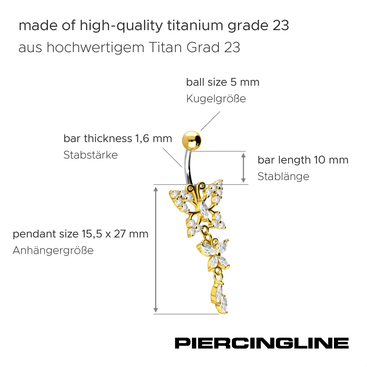 PIERCINGLINE piercing ombligo titanio | Mariposas plata 925 | Piercing Bananabell Plátano | selección de color