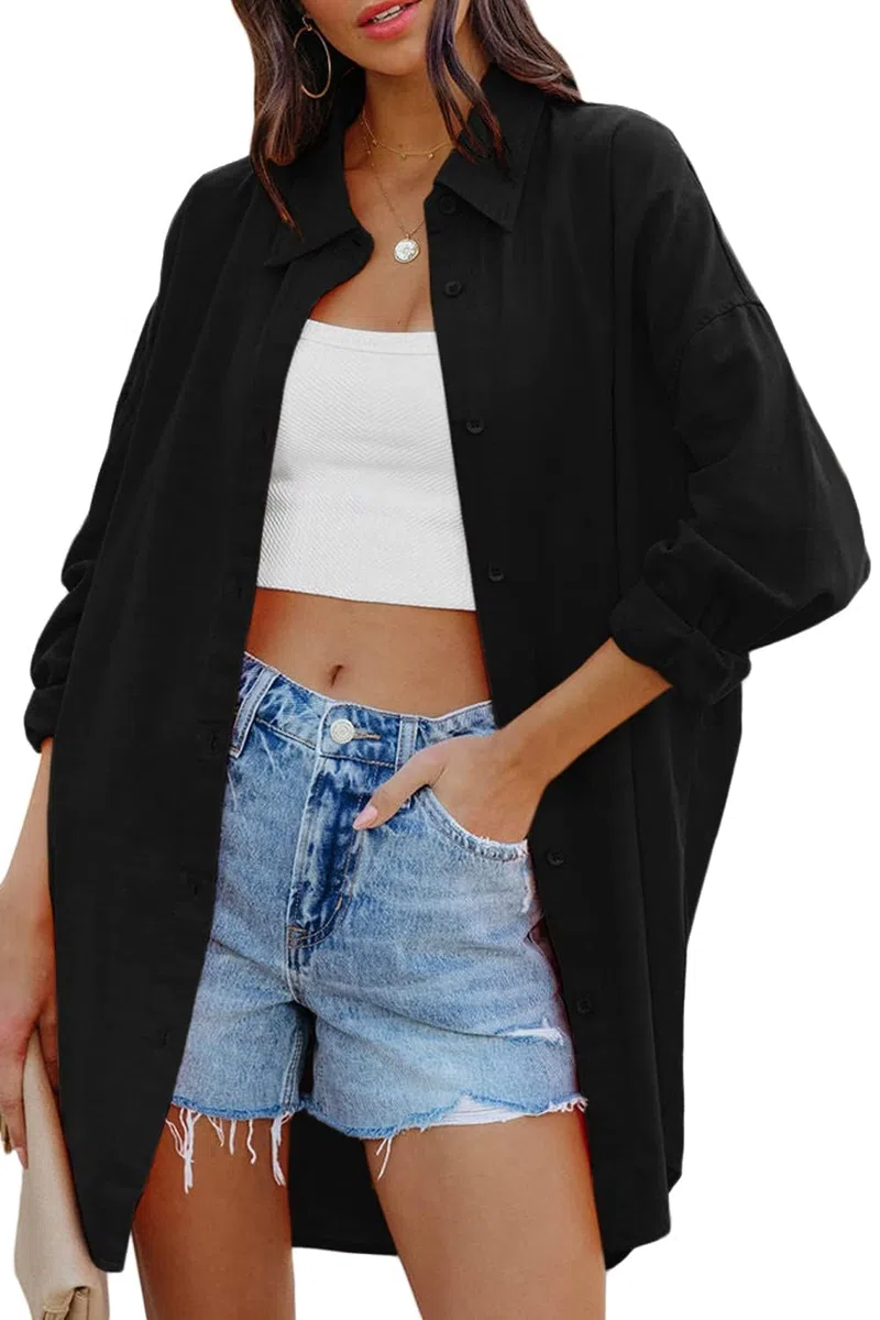 Cicy Bell Blusa de manga larga para mujer, holgada, con botones, de algodón, informal, monocolor, para otoño, con bolsillos
