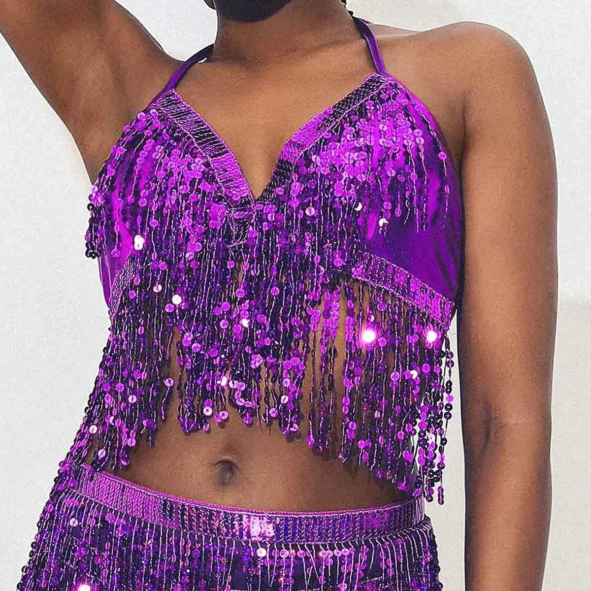 Generisch Camiseta de rayas para mujer, danza del vientre, lentejuelas, sujetador borla, ropa halter tops, moda para mujer