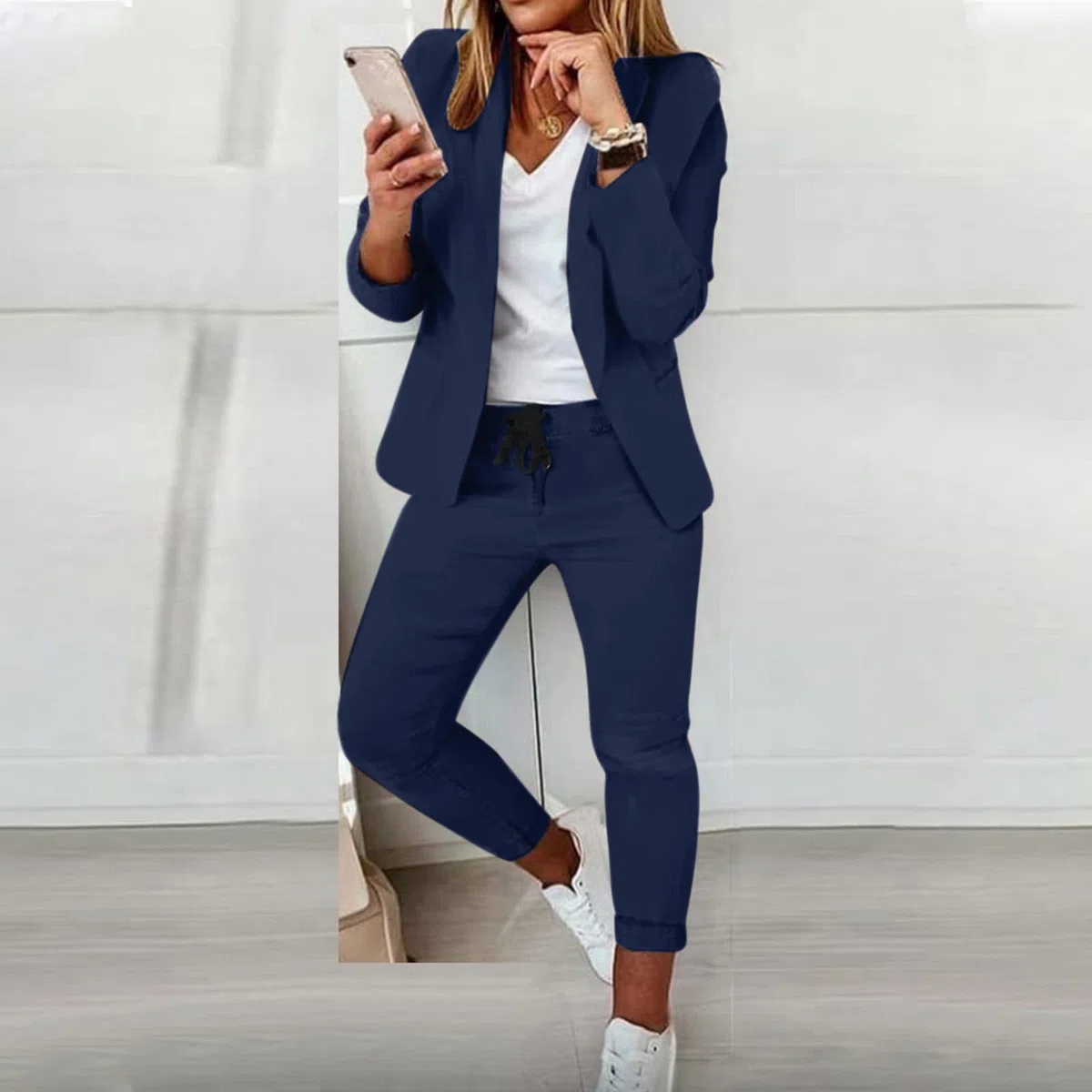 Generisch 2025 Traje de dos piezas para mujer, traje de oficina, negocios, chaqueta de manga larga, traje de pantalón, corte ajustado, traje de chaqueta para mujer, elegante, azul