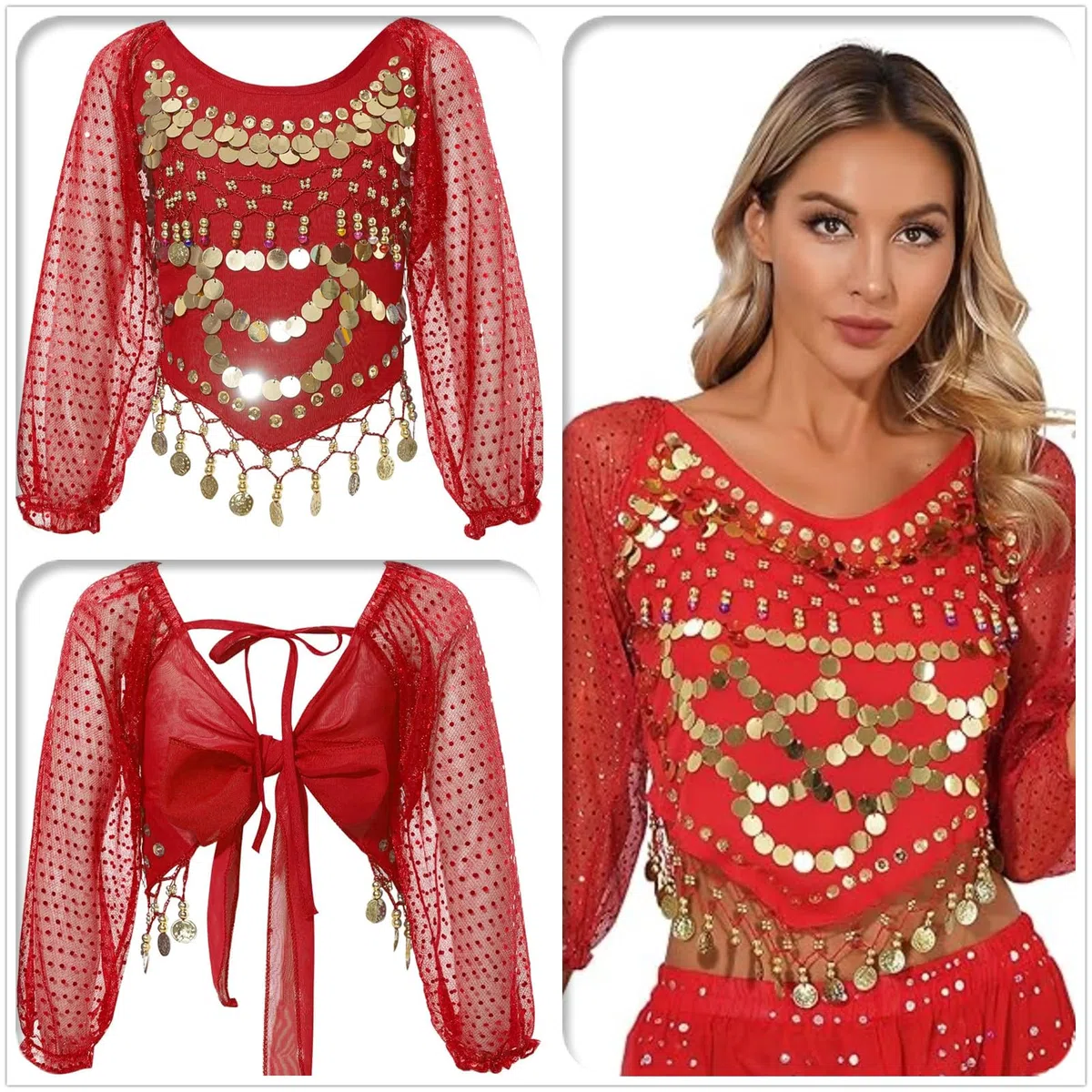 Camiseta de danza del vientre para mujer, manga larga abombada, de gasa, con lentejuelas, para danza del vientre, blusa con borlas y monedas con purpurina para festivales, club, camiseta corta tribal
