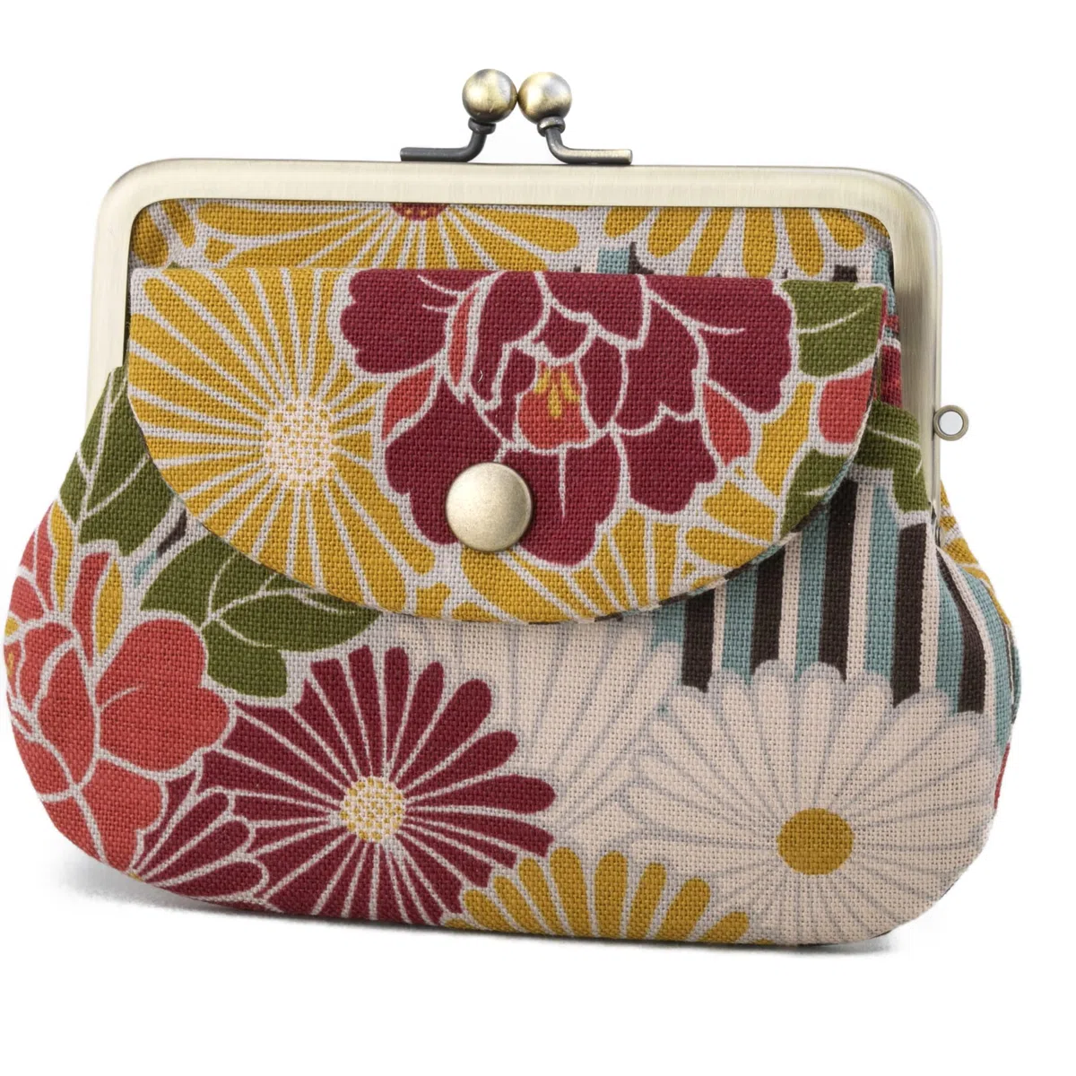 Cartera japonesa con clip para mujer y hombre (flor retro) fabricada en Japón, mini mediano y pequeño, monedero doble con bolsillo, Retro Flower Line Blue, Clip para billetes
