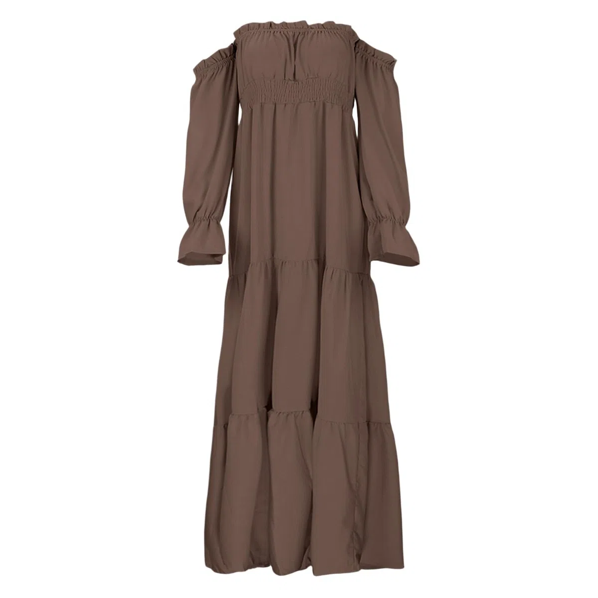 Elegante vestido de maternidad para embarazo, hombros descubiertos, manga larga, escalonado con abertura lateral, cintura alta, estilo bohemio fluido