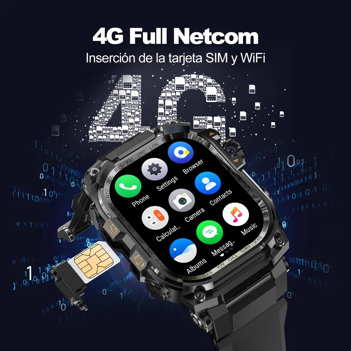 Reloj inteligente militar para hombre (almacenamiento de música), reloj inteligente de 2 pulgadas para Android e iOS, rastreador de fitness con linterna/auriculares TWS conectables pero (Negro)