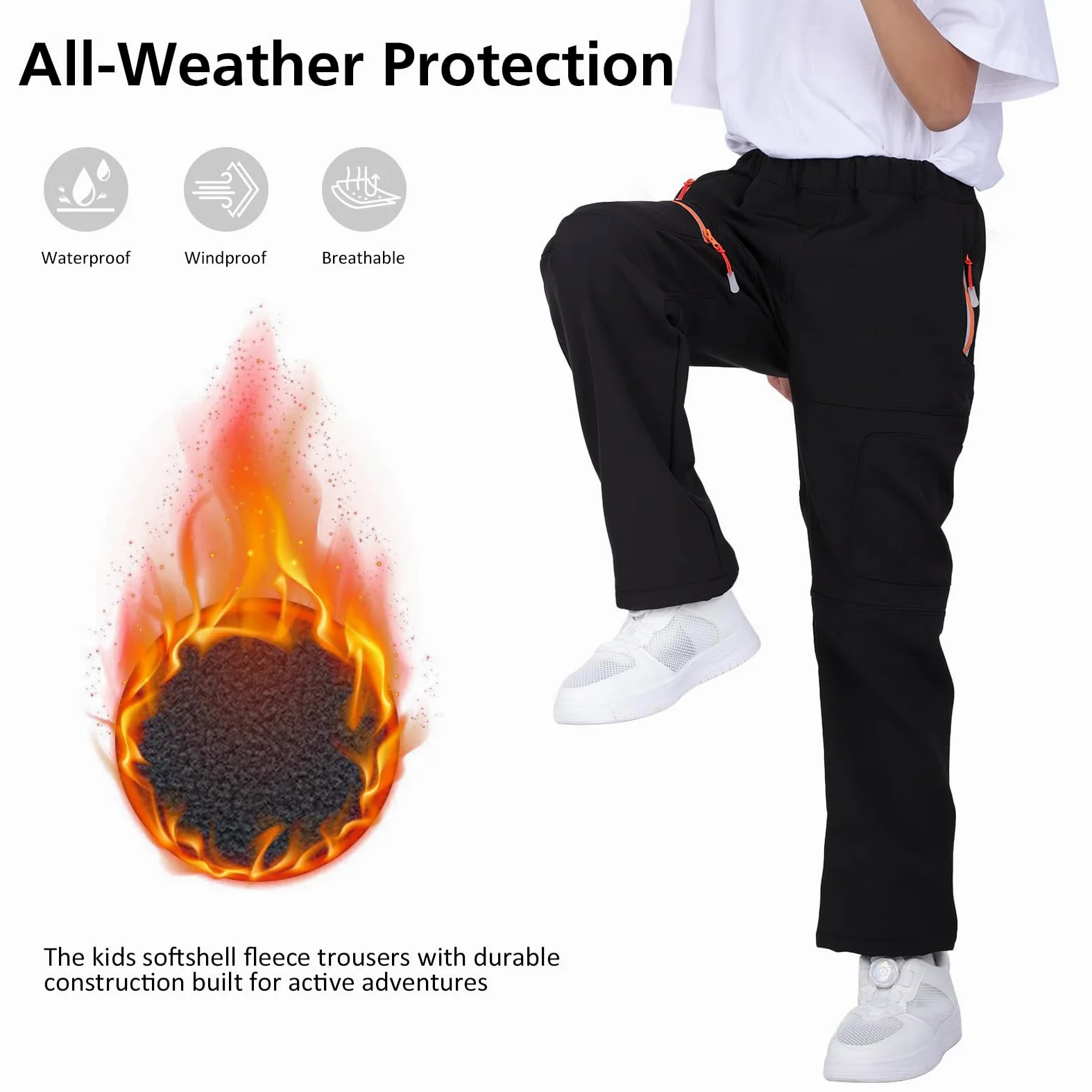 BWBIKE Kids Pantalones Cortavientos Impermeables para Nieve para Niño Forro Polar para Jóvenes al Aire Libre Lind Hiking Softshell Pantalones Cálidos con Aislamiento con 4 Bolsillos con Cremallera