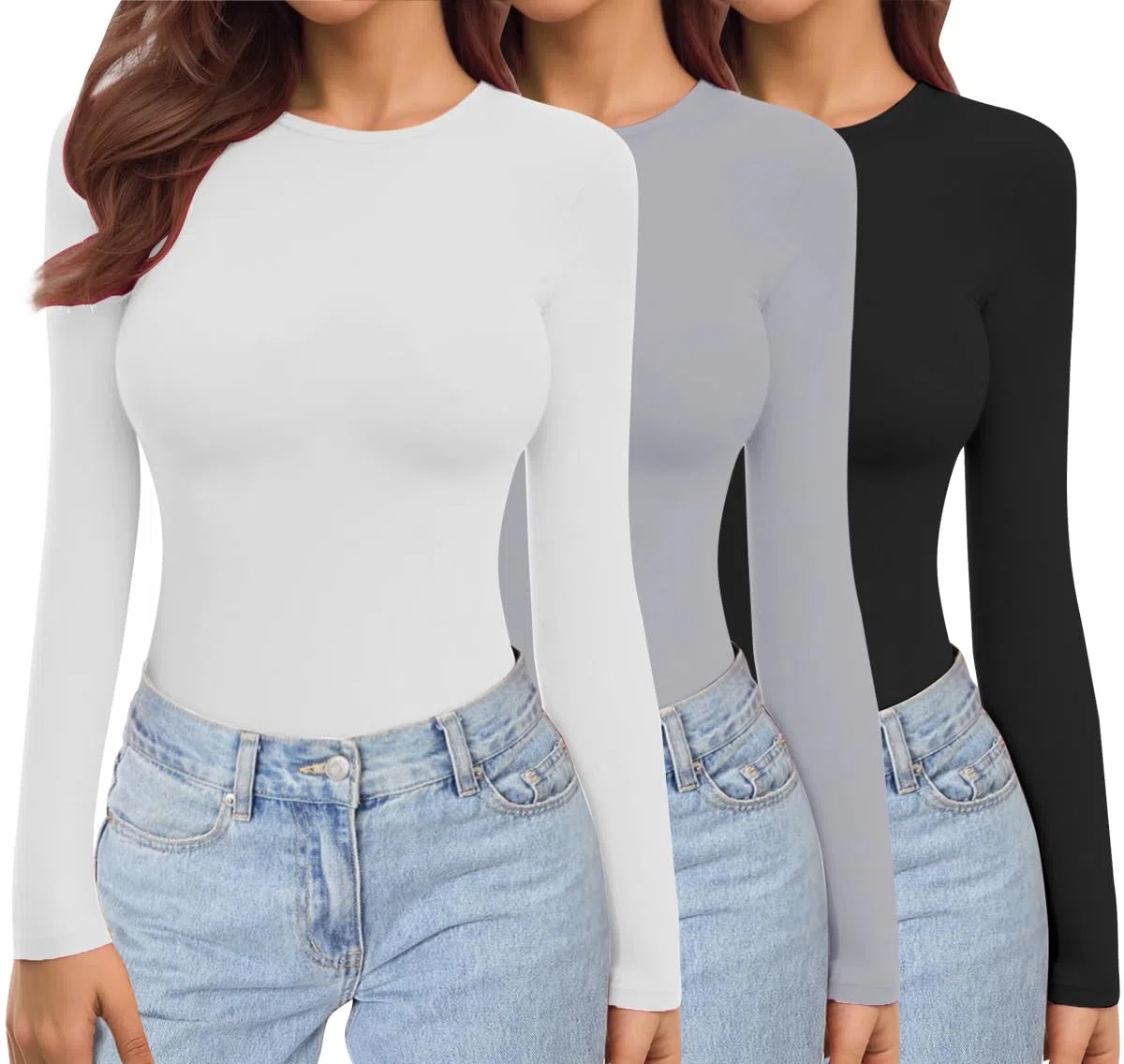 Ekouaer Conjunto de 3 Camisetas térmicas de Manga Larga con Cuello Redondo para Mujer, Camiseta elástica Ajustada con Capa Interior XS-XXL