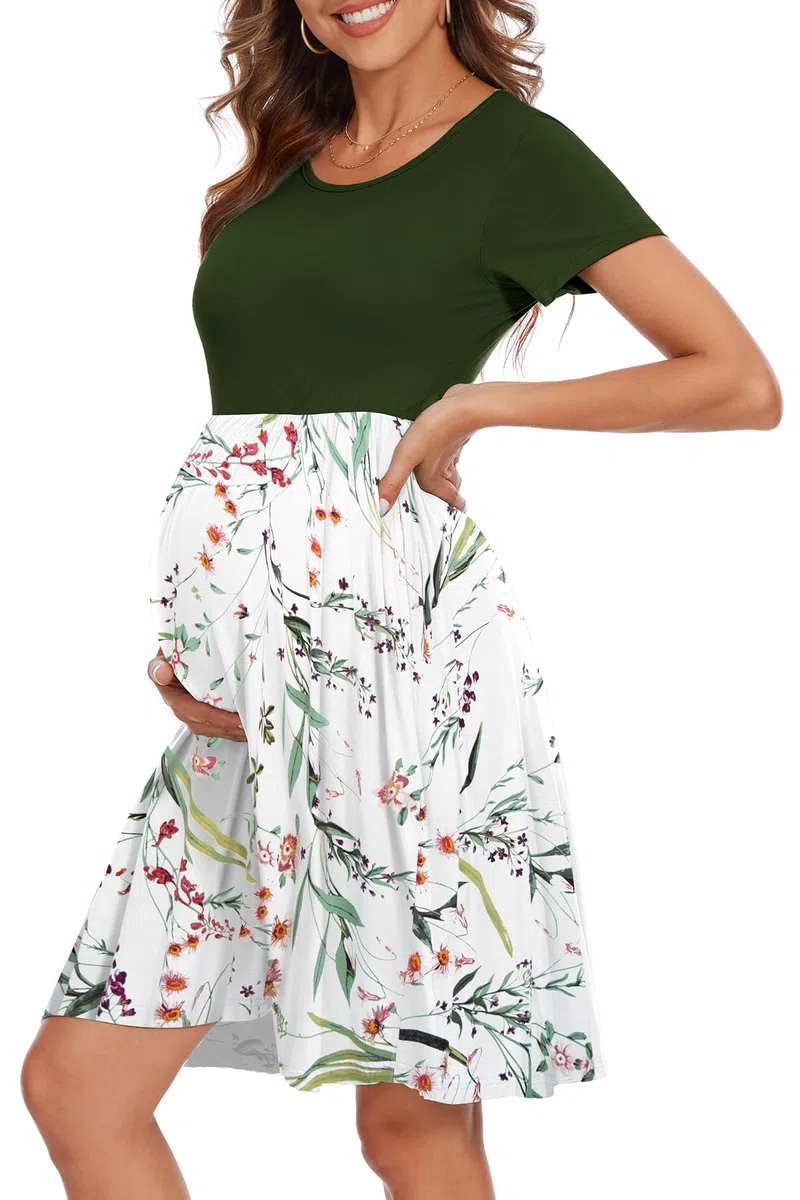 Vestido de maternidad de manga corta para mujer con bolsillos, ropa de embarazo de retazos