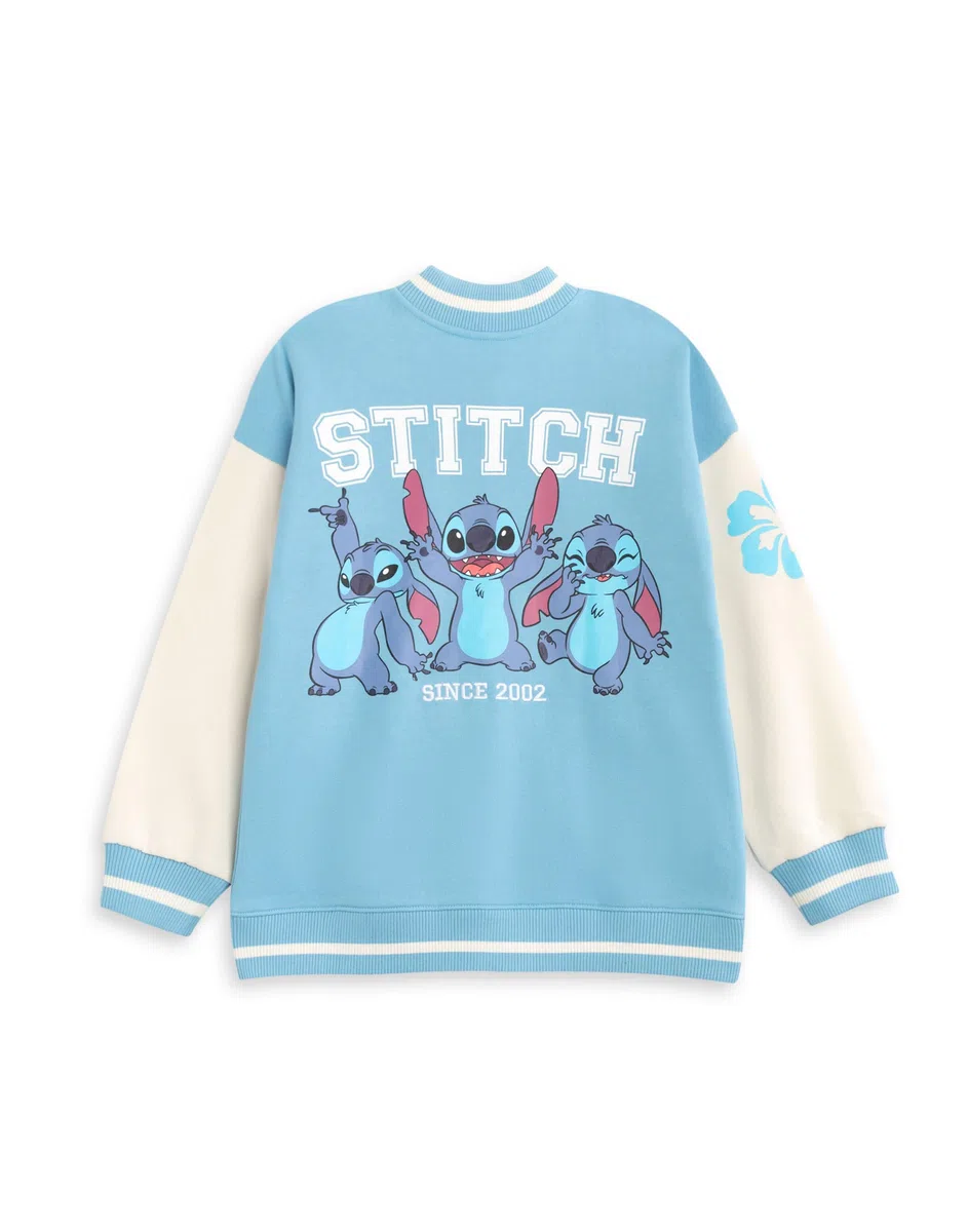 Disney Chaqueta bomber azul Lilo and Stitch para niña | Chaqueta universitaria streetwear con gráficos de puntadas | Ropa casual de manga larga | Ropa linda de dibujos animados