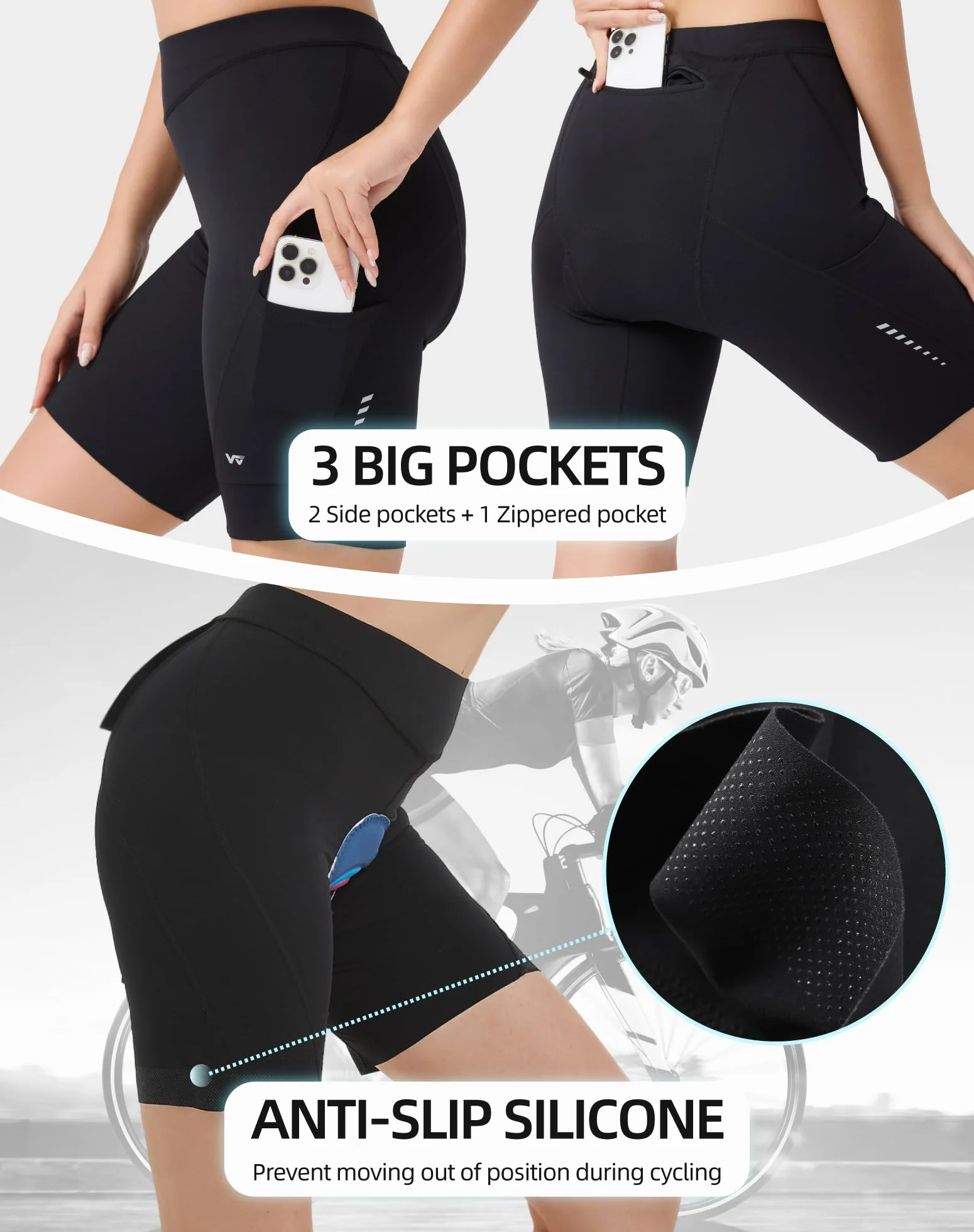 Pantalones de ciclismo para mujer, acolchados 6D con bolsillo, de secado rápido, pantalones de ciclismo para mujer, elásticos, transpirables, con acolchado ancho y denso, sin dolor