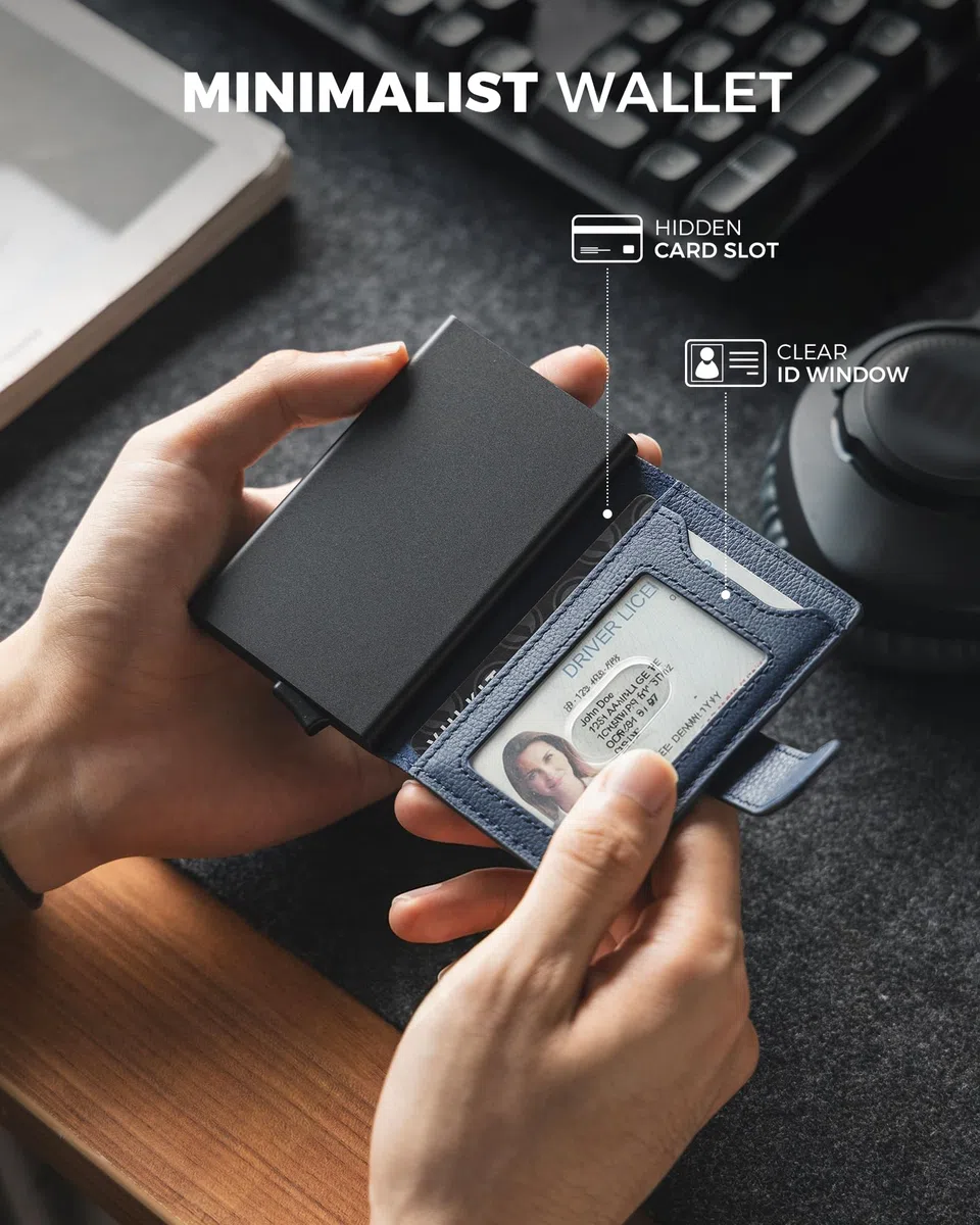 VULKIT Tarjetero Hombre Piel Genuino RFID Bloqueo con Cierre Magnético Carteras para Hombre Metalico Porta Tarjetas con 3 Ranuras y 1 Ventana DNI, Litchi Azul Marino