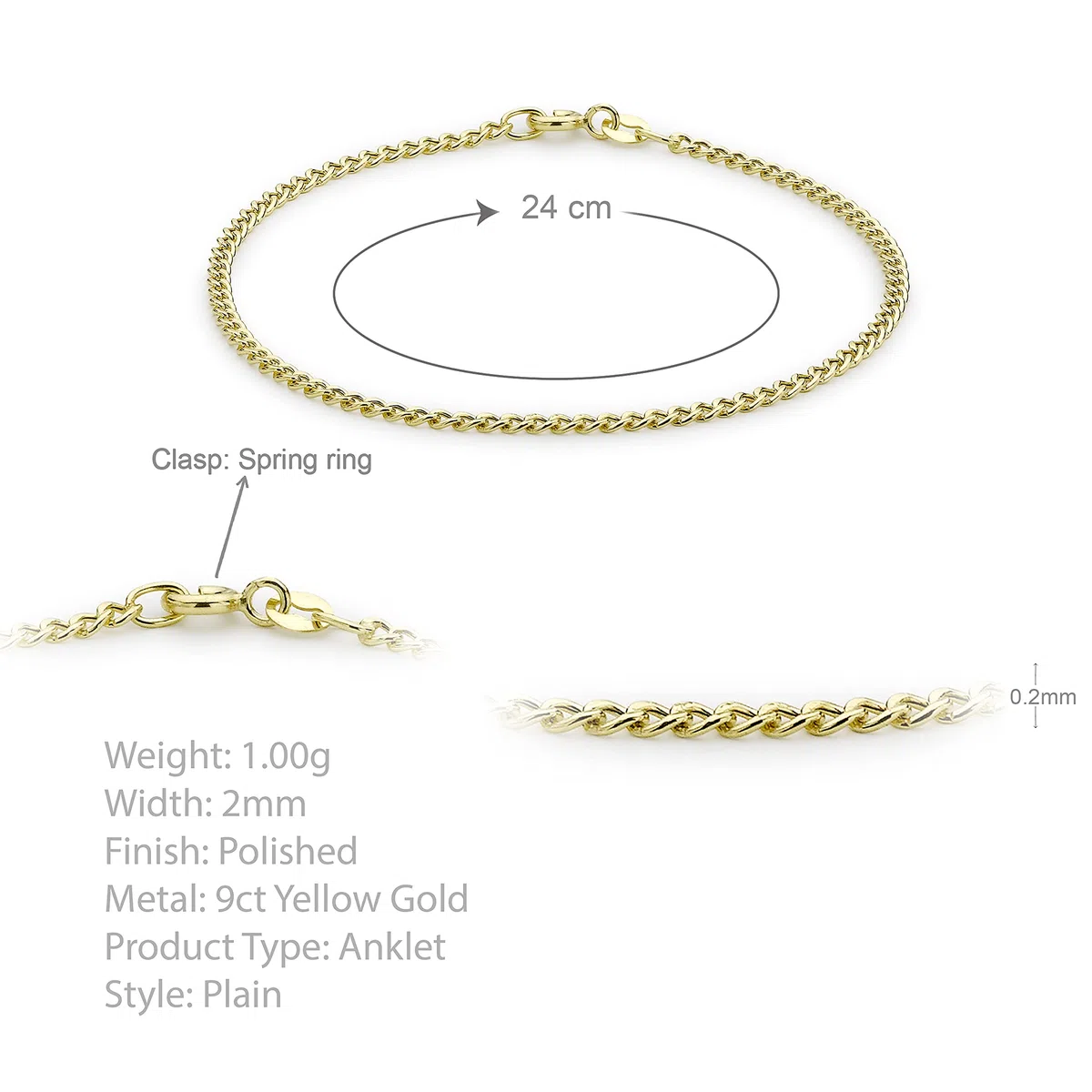 Carissima Pulsera tobillera de mujer con oro amarillo de 9K (375/1000), 24 cm