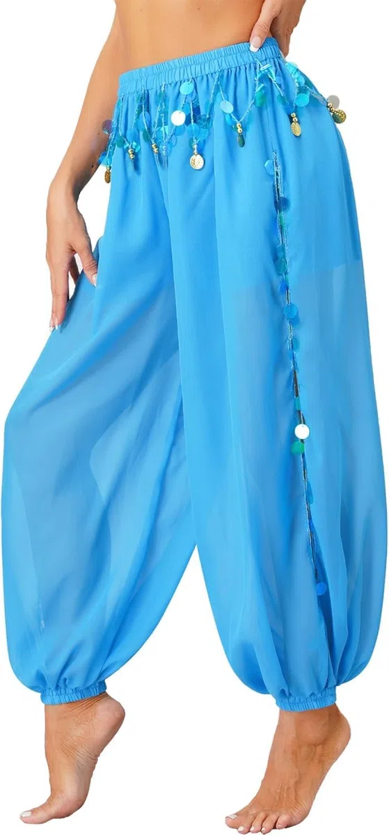 Pantalones de disfraz de danza del vientre para mujer, con lentejuelas divididas laterales, pantalones de yoga harén brillante, pantalones árabes de Halloween