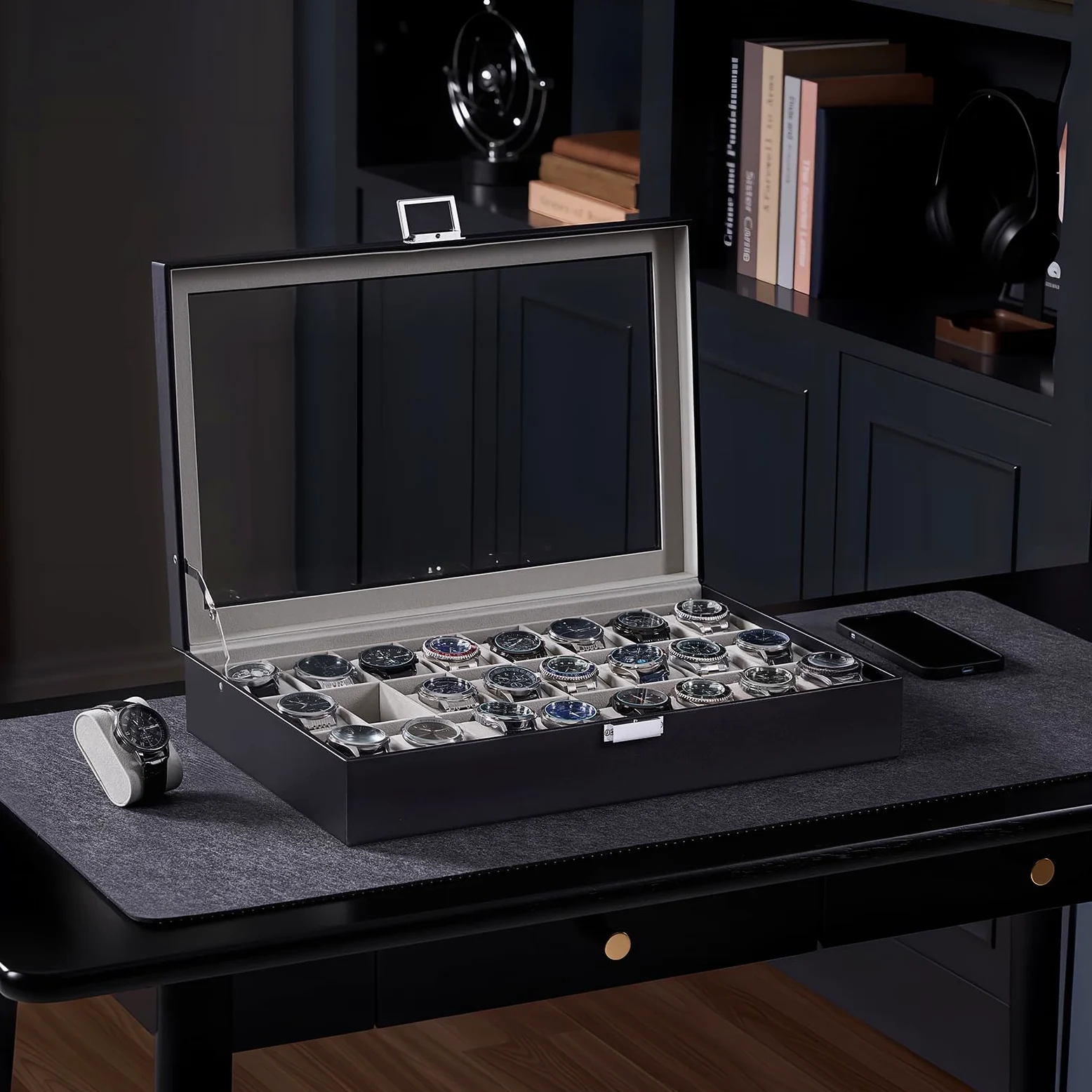 ProCase Caja para Relojes, 20 Ranuras Organizador de Joyas Relojero Multifuncional Caja Joyería Cuero PU con Almohadilla Suave Tapa Cristal Vidrio Almacenamiento Porta Reloj para Hombres -Negro