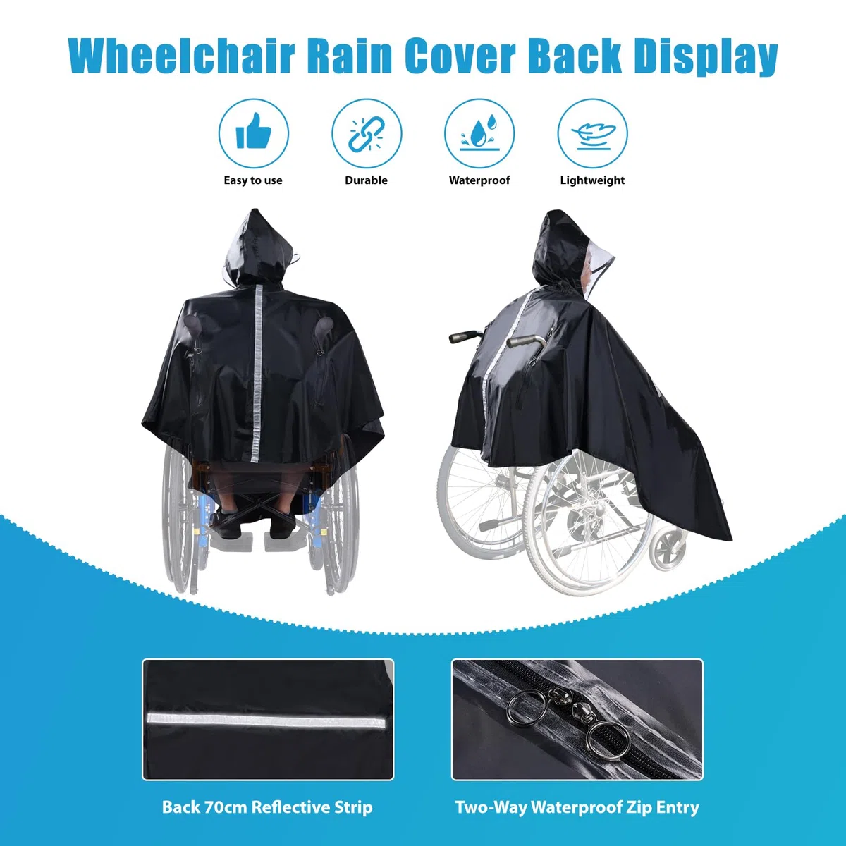 Funda Poncho Lluvia para Silla de Ruedas con Capucha Semitransparente, Chubasquero Silla de Ruedas con cremallera impermeable y tiras reflectantes, Wheelchair Raincoat para andador movilidad y scooter