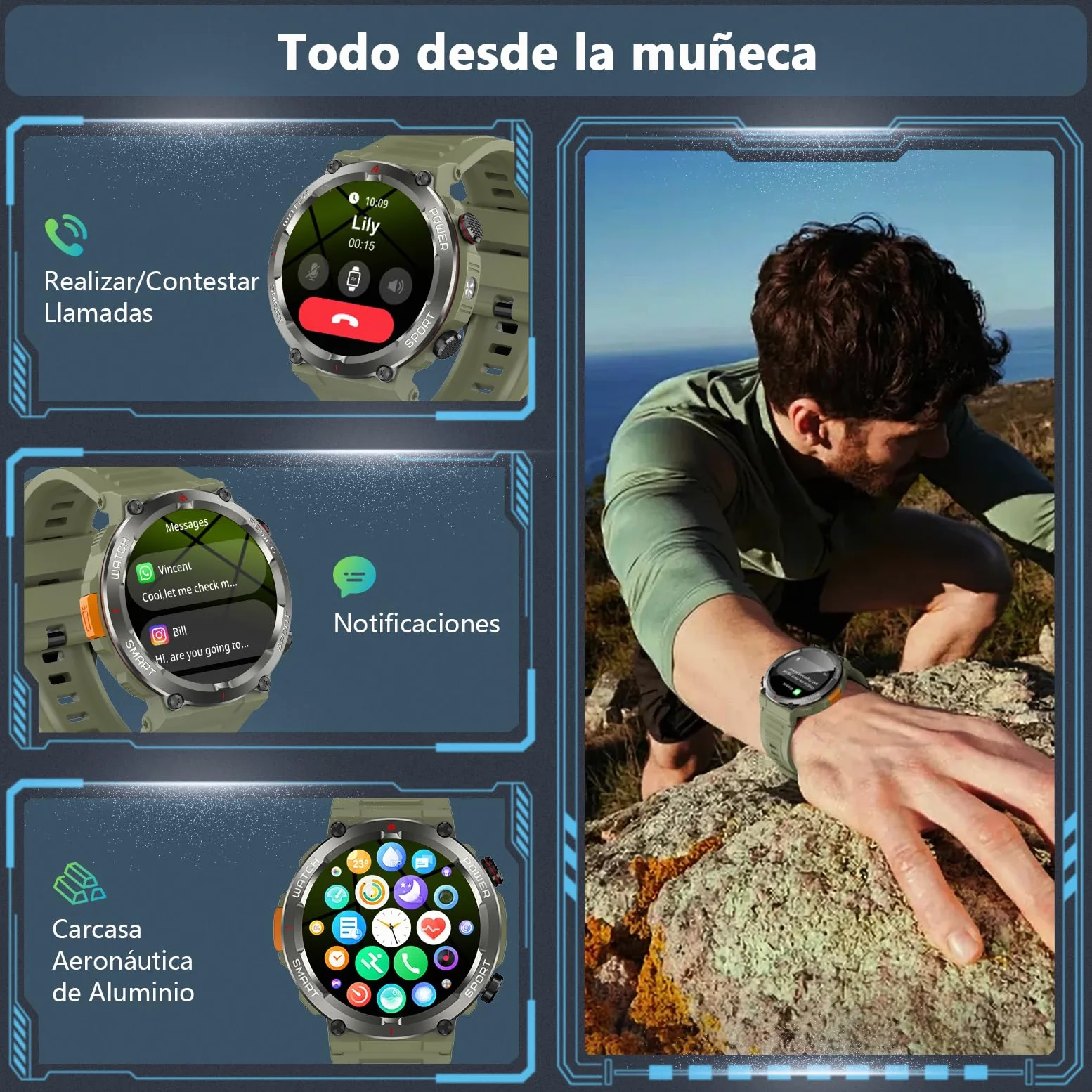 Reloj Inteligente Hombre, Smartwatch Hombre con Linterna y Brújula, 1.45" Smartwatch con Llamadas Bluetooth Monitor Sueño, 2 Correas,Pulsera Actividad Impermeable IP68