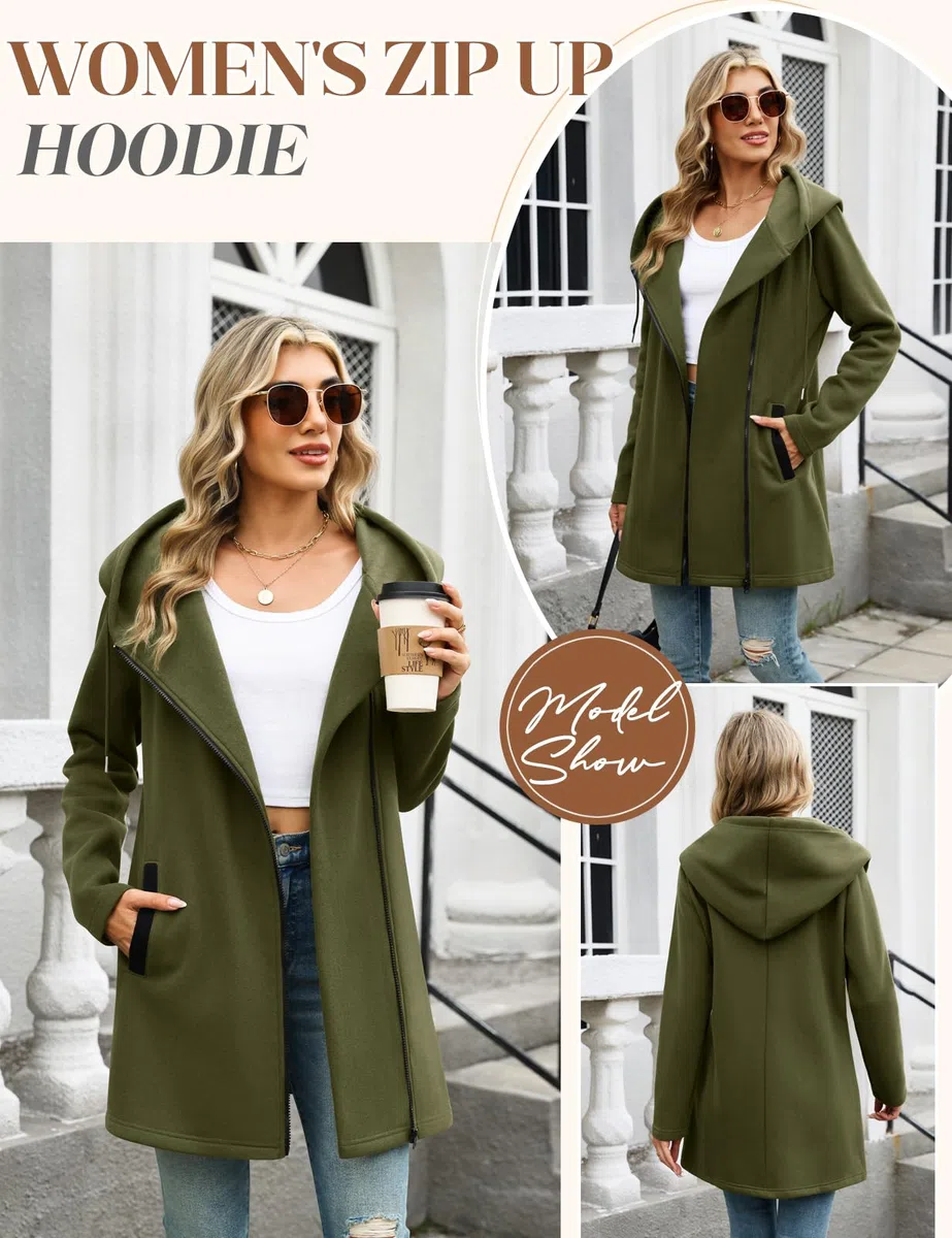 Larga Sudaderas Mujer con Capucha Forro Polar Sudadera Cremallera Chaqueta Mujer Entretiempo Abrigo Primavera Hoodie Cádigan Otoño Hoody Sweatshirt Jacket