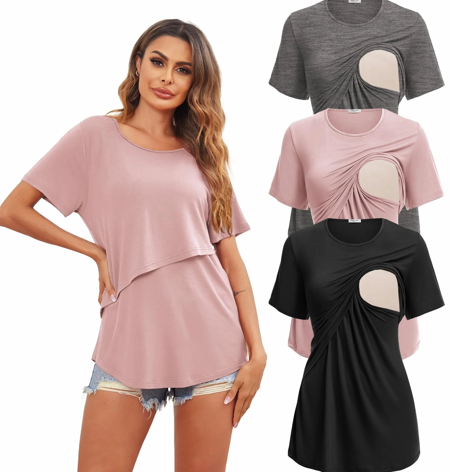 Ekouaer Juego de 3 Camisetas de Lactancia Modal Apertura de Lactancia Camiseta Corta para Embarazadas