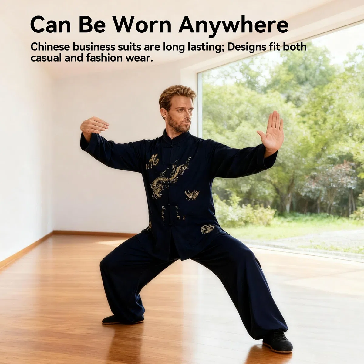 YUANZHOU Traje Chino Tai Chi Traje Tang Hombres Ropa Tradicional Hanfu Bordado Manga Superior Tops Y Pantalones Hebilla Cuello Alto Bordado,Black-42