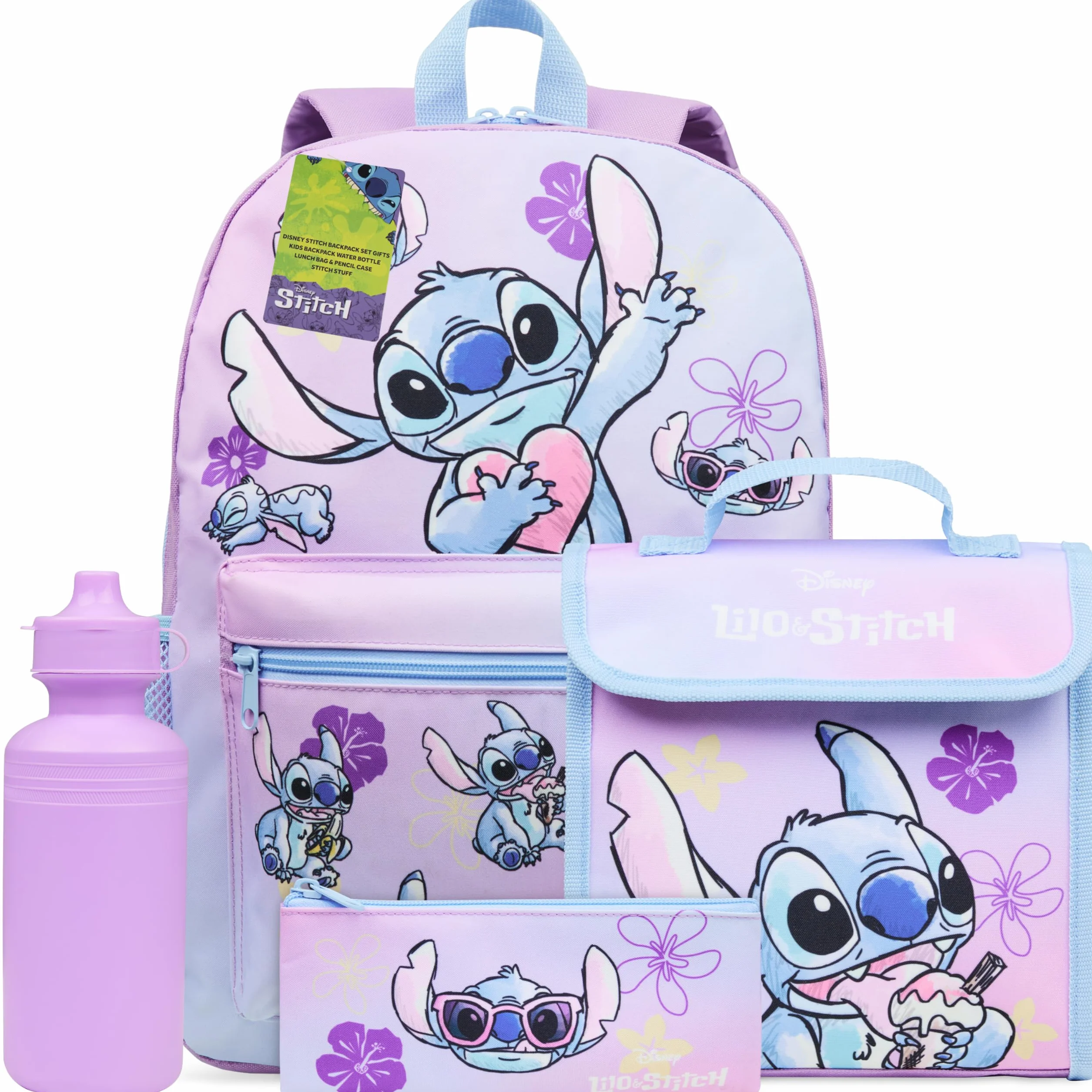 Disney Stitch Mochila Escolar Niña Adolescente Chica con Estuche Infantil Botella de Agua y Bolsa de Almuerzo Set de Material Escolar 4 Pzs