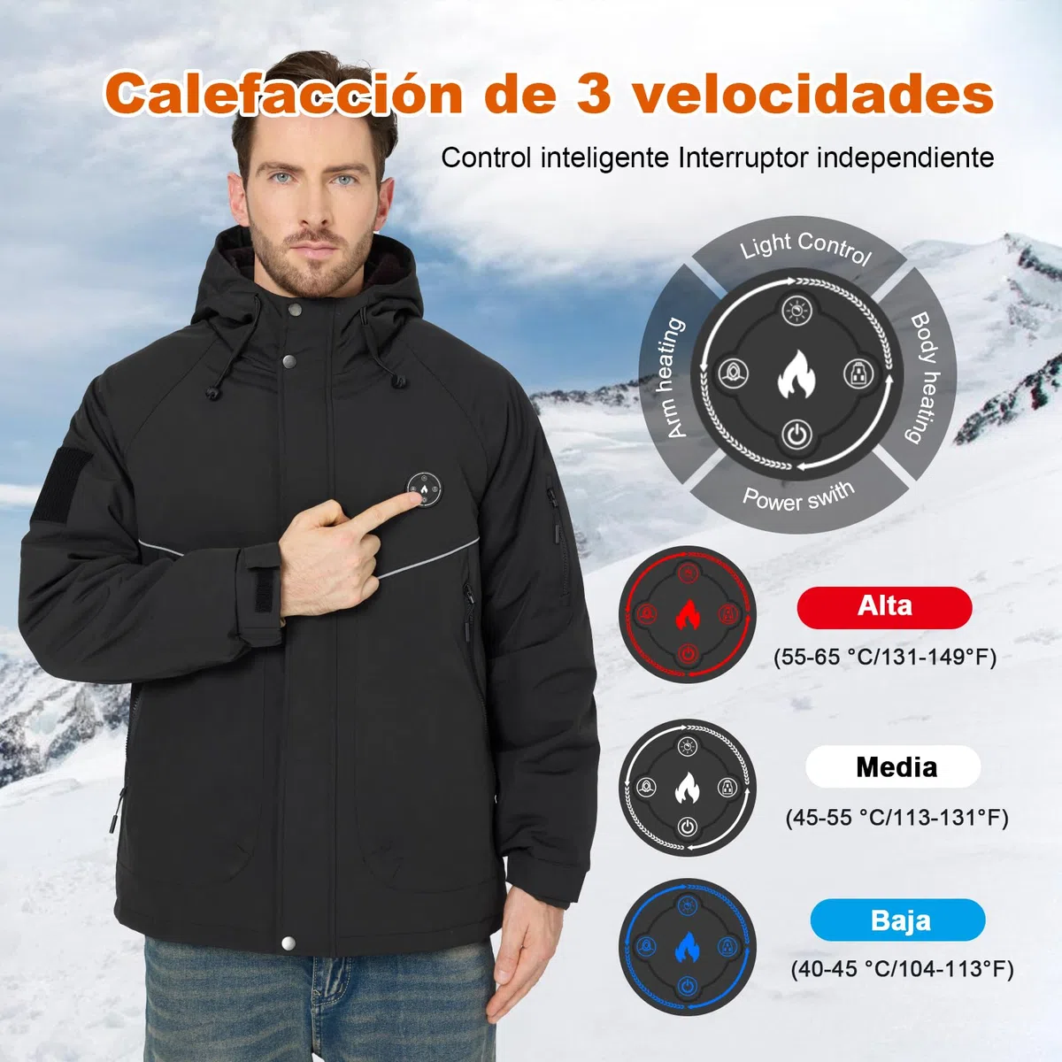 Chaqueta Calefactable Hombre con Forro Polar y Brazalete, Batería 20000mAh 7.4V, 6 Zonas de Calefacción y 3 Niveles de Temperatura, Chaqueta Impermeable e Impermeable de Invierno para Esquí
