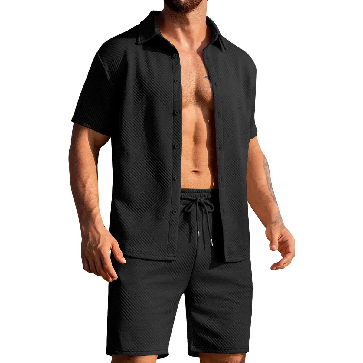 Conjunto de verano para hombre, conjunto casual de dos piezas, conjunto deportivo blusas con botones y pantalones cortos con cordón anchos, chándales ligeros para la playa Slim Fit Chándal de