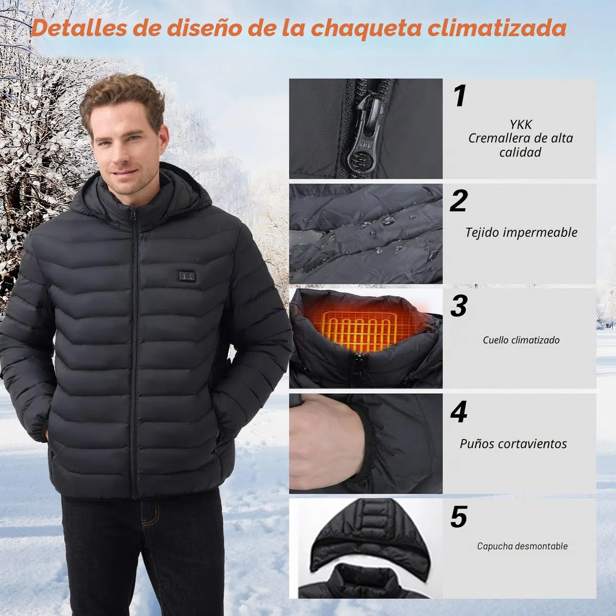 Chaqueta Calefactable Adecuado Para Hombres,con Temperatura Ajustable Chaquetas calefactora con 5 Zonas Ideal para Acampar Actividades al Aire Libre invierno(Negro Herren, XL)