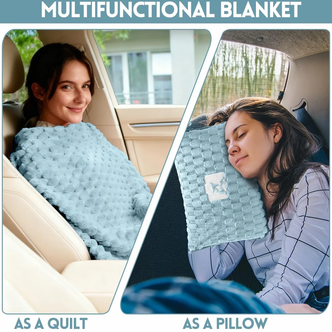 Manta de viaje almohada 2 en 1, suave y cálida manta de avión, almohada portátil multifuncional con funda de almohada, manta de viaje para avión, viajes, oficina, hogar, 127 x 152 cm (azul)