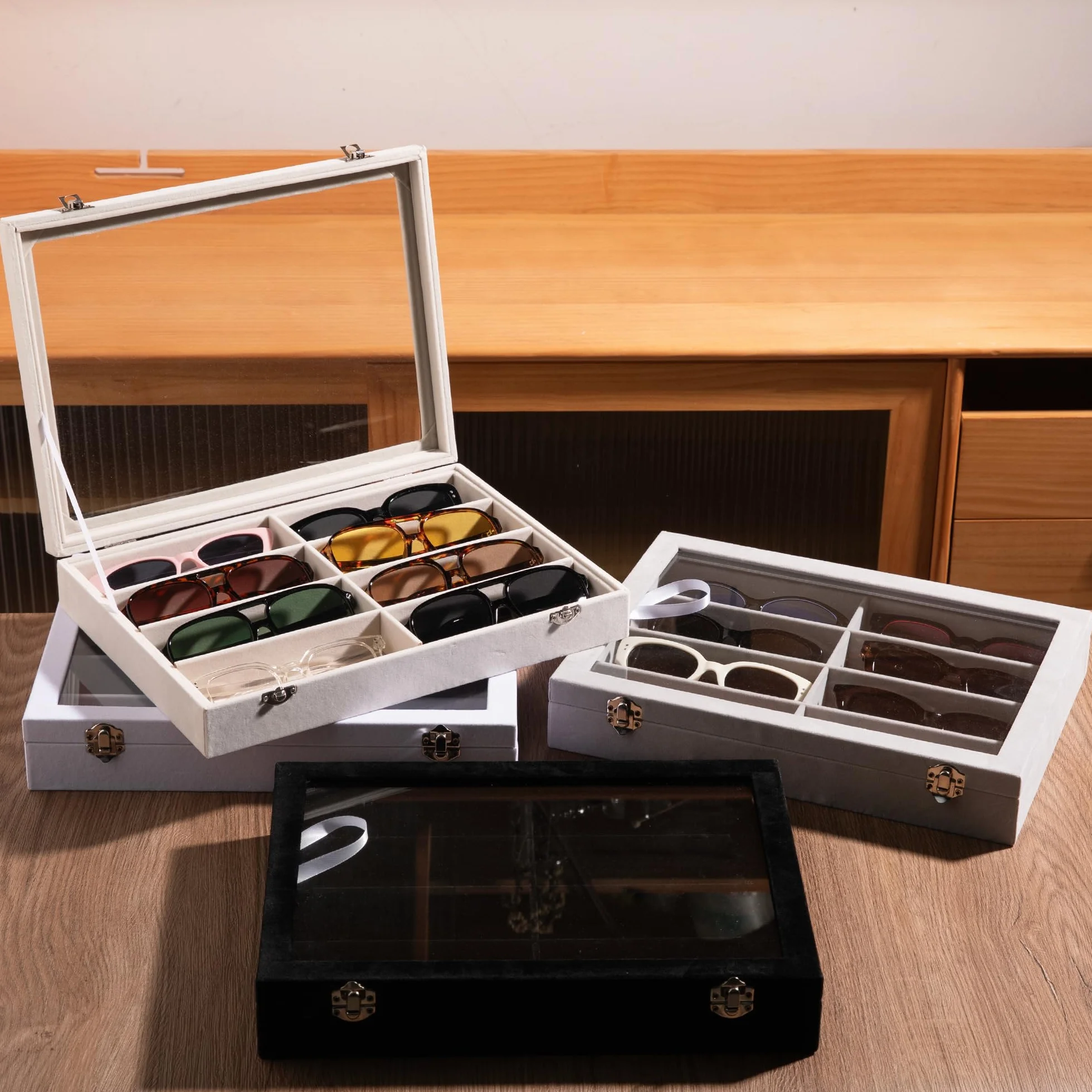 Frebeauty Caja de terciopelo para guardar gafas de sol, bandeja con 8 cajones, ideal para hombres y mujeres.