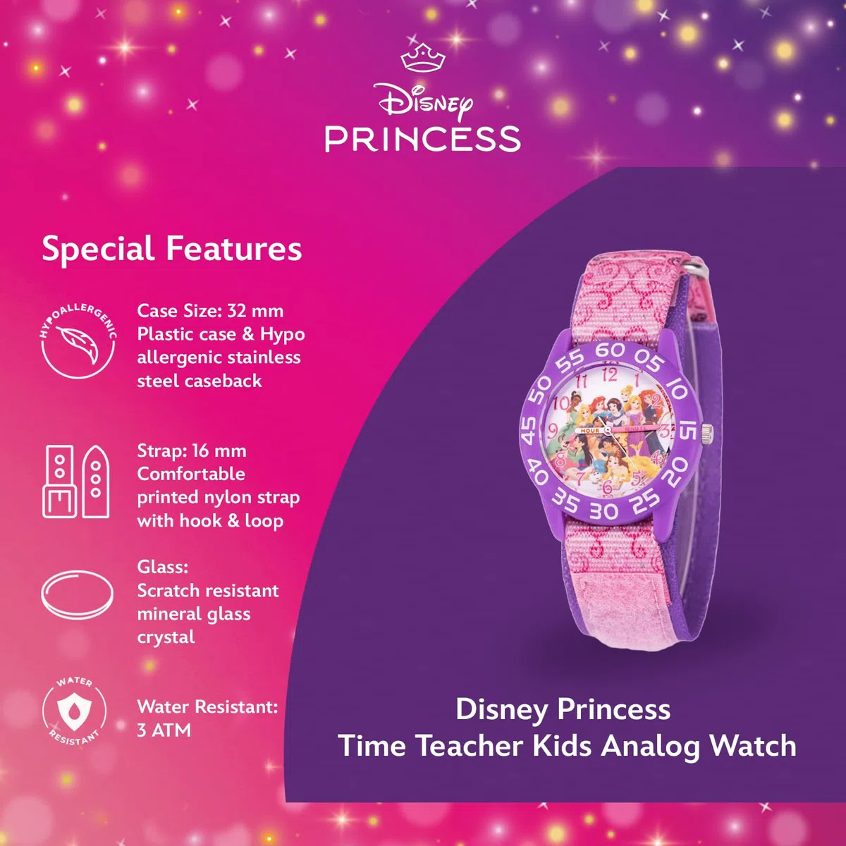 Disney Reloj de Princesa para niñas – Reloj de Princesa para niños con Bisel Rosa y Correa de Nailon Morado – Relojes niñas de 4 a 7 años