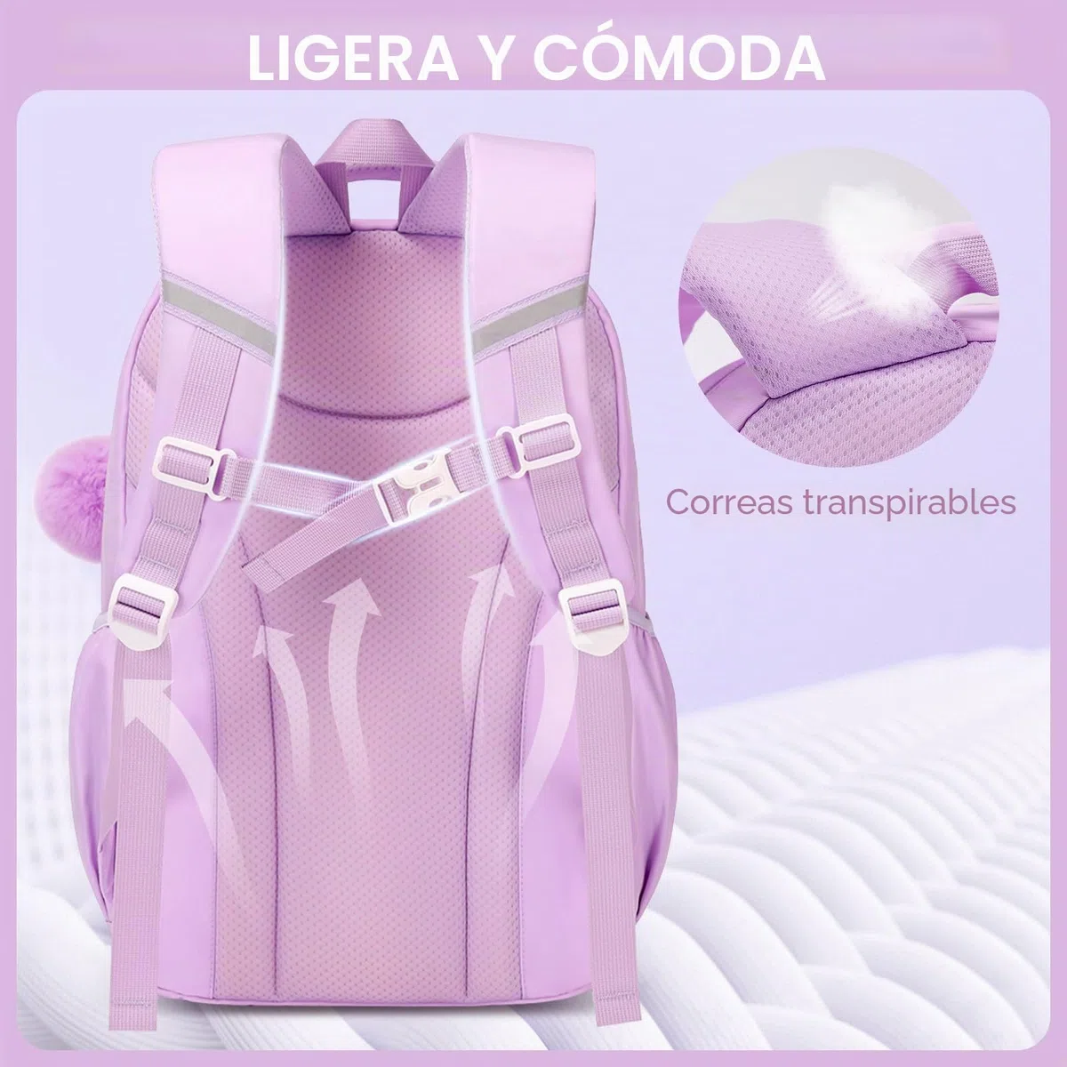 Amythe Mochila Escolar Niña, Mochilas Primaria Escolares Transpirable para Infantil Niñas de 8 10 12 Años, Kawaii Mochila Chicas Colegio con Colgante, Morado
