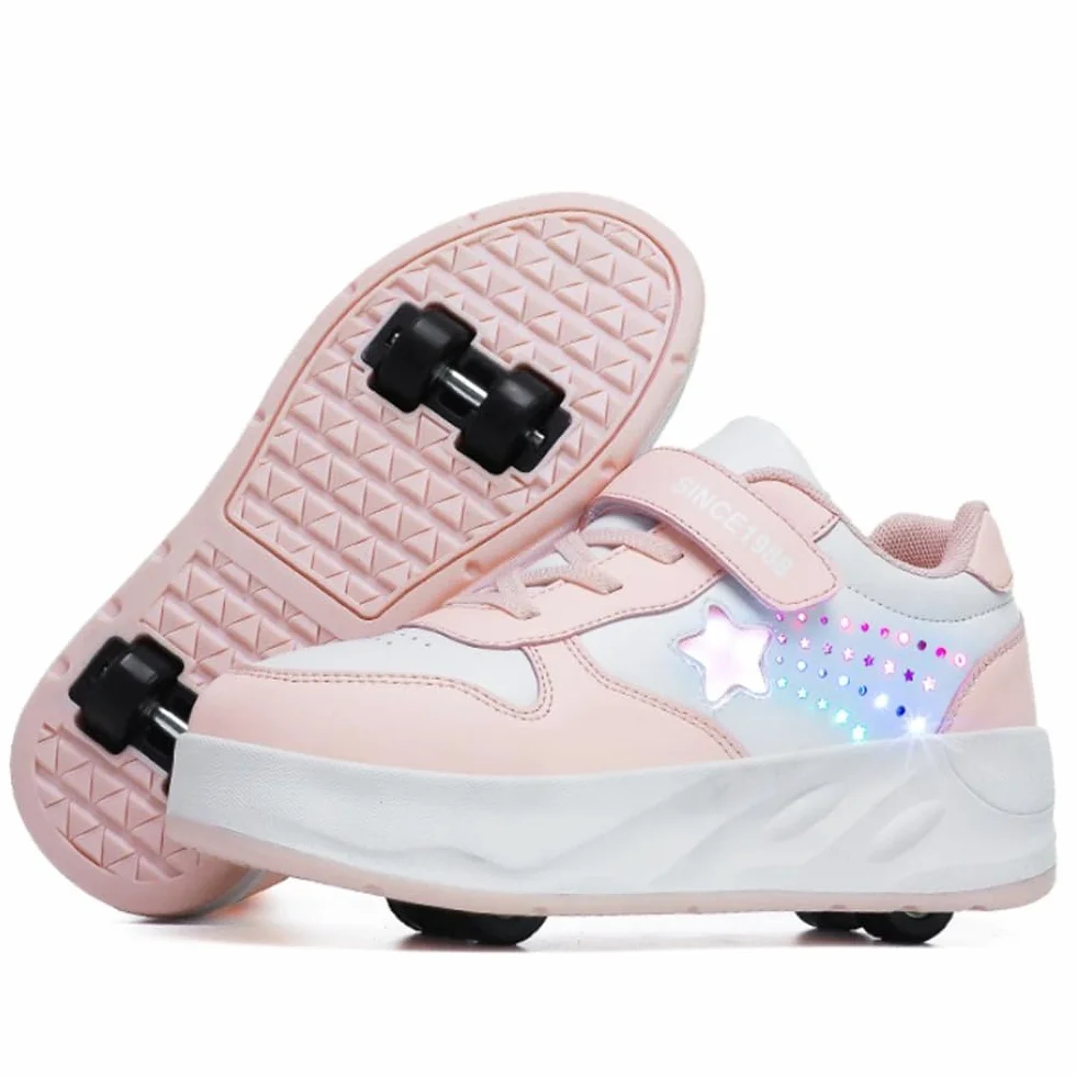 Mateju Zapatos con Ruedas para Niñas Niños, Patines con 4 Ruedas Retirable, Zapatillas de Skateboarding con Estrella Brillante, Zapatillas Deportivas al Aire Libre Multiusos