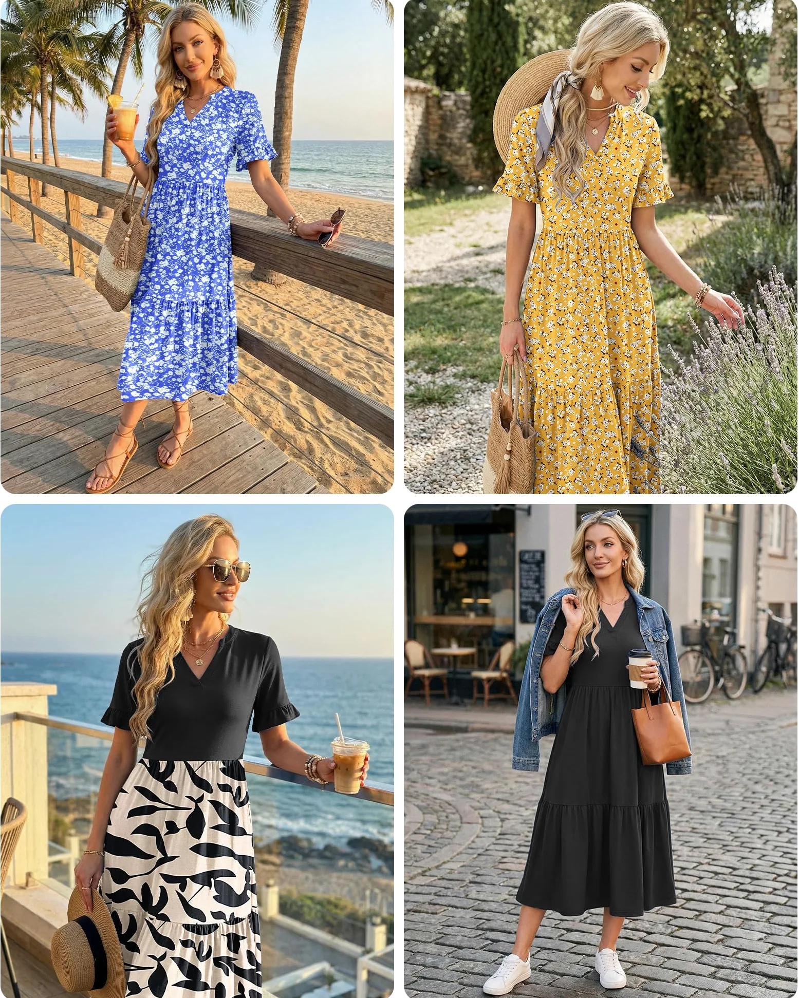 AUSELILY Vestidos Largo Verano Mujer 2026 Cuello en V Ruffles Manga Corta Vestido Playa Mujer Largo Ligero y Aireado con Bolsillos Cintura Elástica