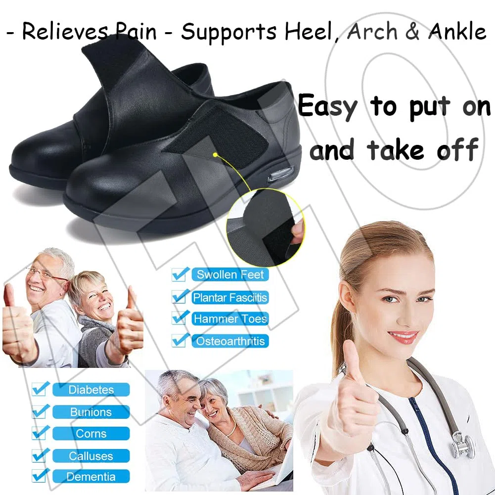 AEHO Zapatos para Caminar Ancho Especial Mujer Sin Cordones - Ortopédicos con Colchón de Aire y Sandalias, Negro, 38 EU
