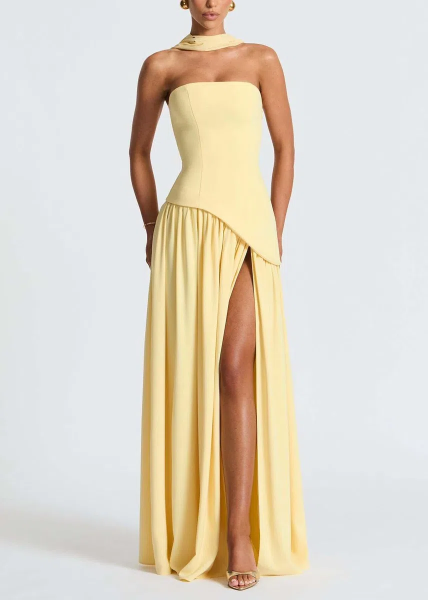ORANDESIGNE Vestido Largo Verano Mujer Vestido sin Mangas Novia Boda Invitada Vestidos de Fiesta Elegantes con Abertura y Bufanda
