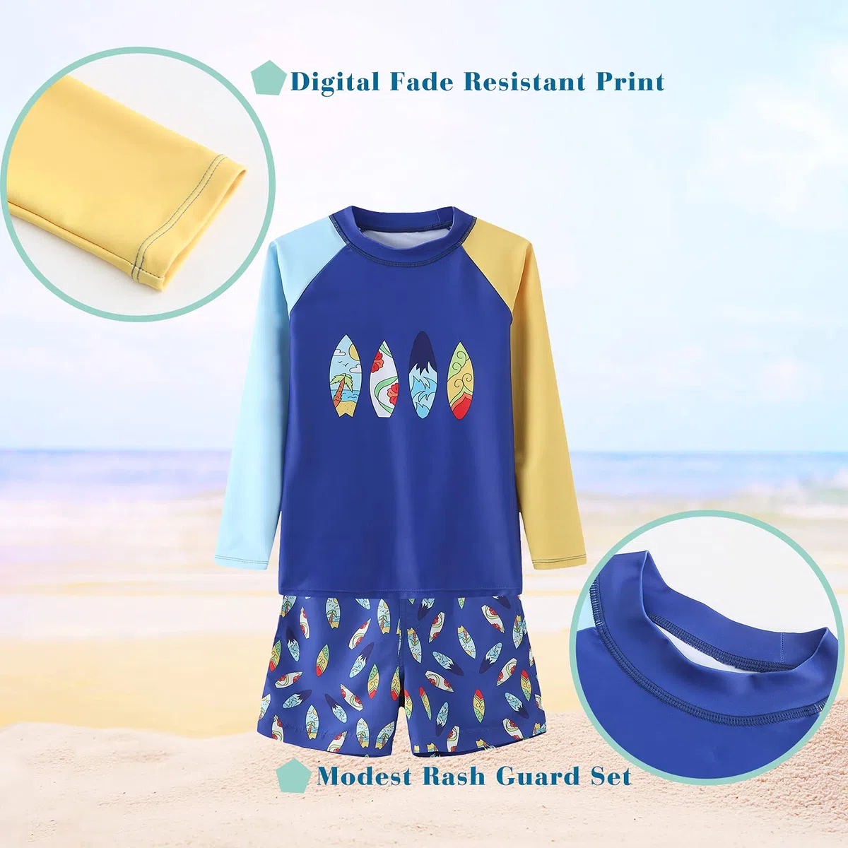 Boys Swimming Costume Two Piece Swimsuit Set with Swimming Trunks Kids Long Sleeve Bathing Suit Swimwear