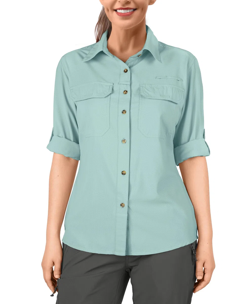 33,000ft Camisa para mujer UPF50+ con protección UV, de secado rápido, para tiempo libre, manga larga, para senderismo, pesca, safari, viajes, golf, verde claro, XL
