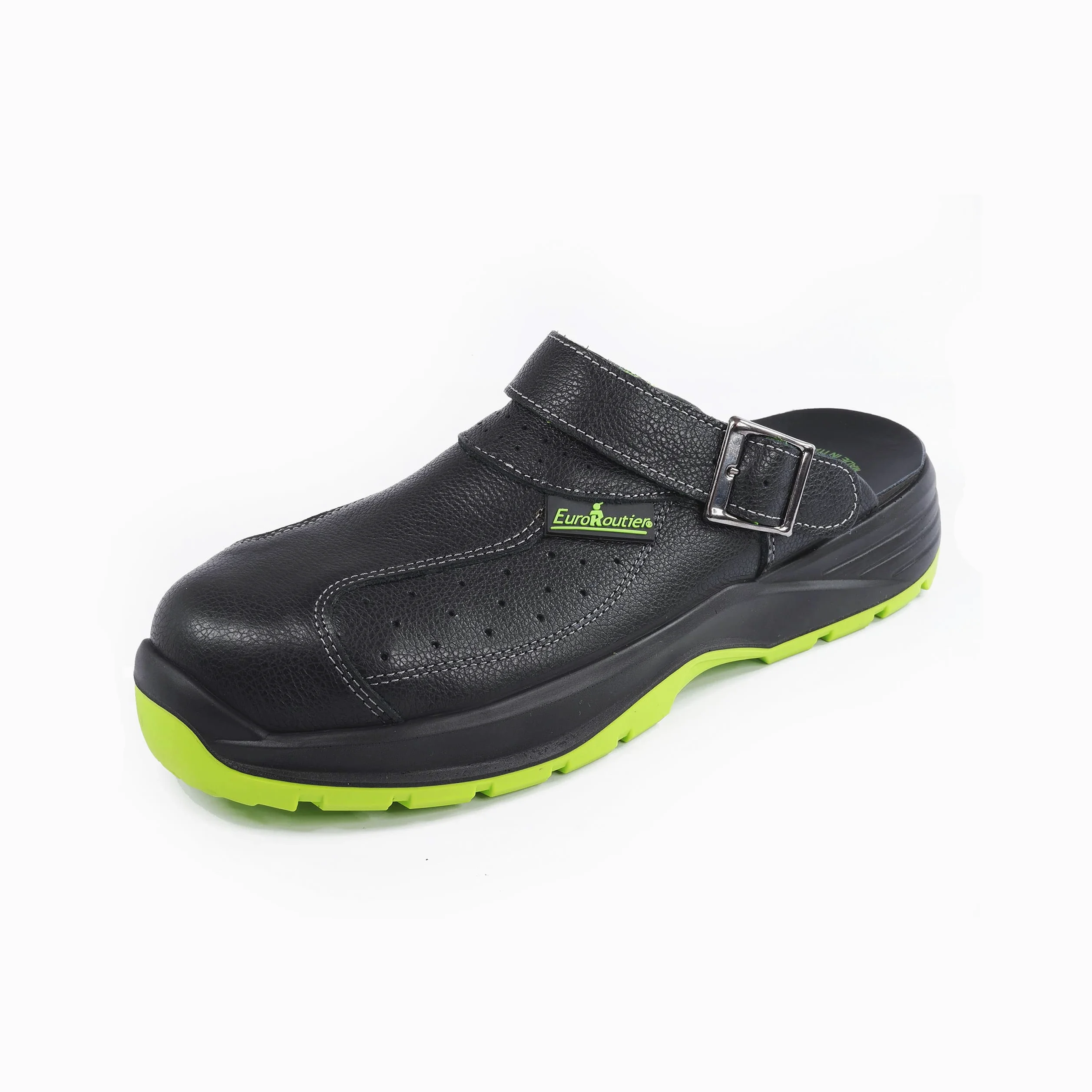 EUROROUTIER Premium Fenix Negro Cuero Genuino, Zuecos, Zapatillas, Chanclas de Seguridad Certificado SB+A+E+FO+SRC, Color Negro