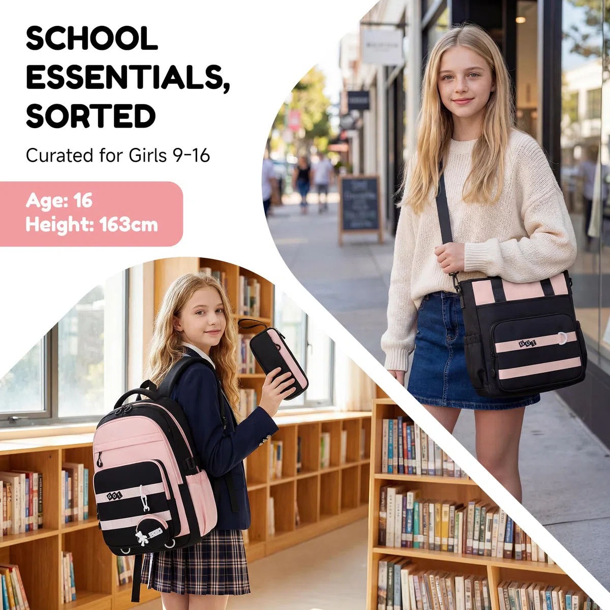 Amythe Mochila Escolar para Niñas Adolescentes 3 Piezas - Set Colegio Secundaria (Mochila Grande Chicas+Bandolera+Estuche) - Impermeable Ligera - Edad 11-18 Años -Rosa